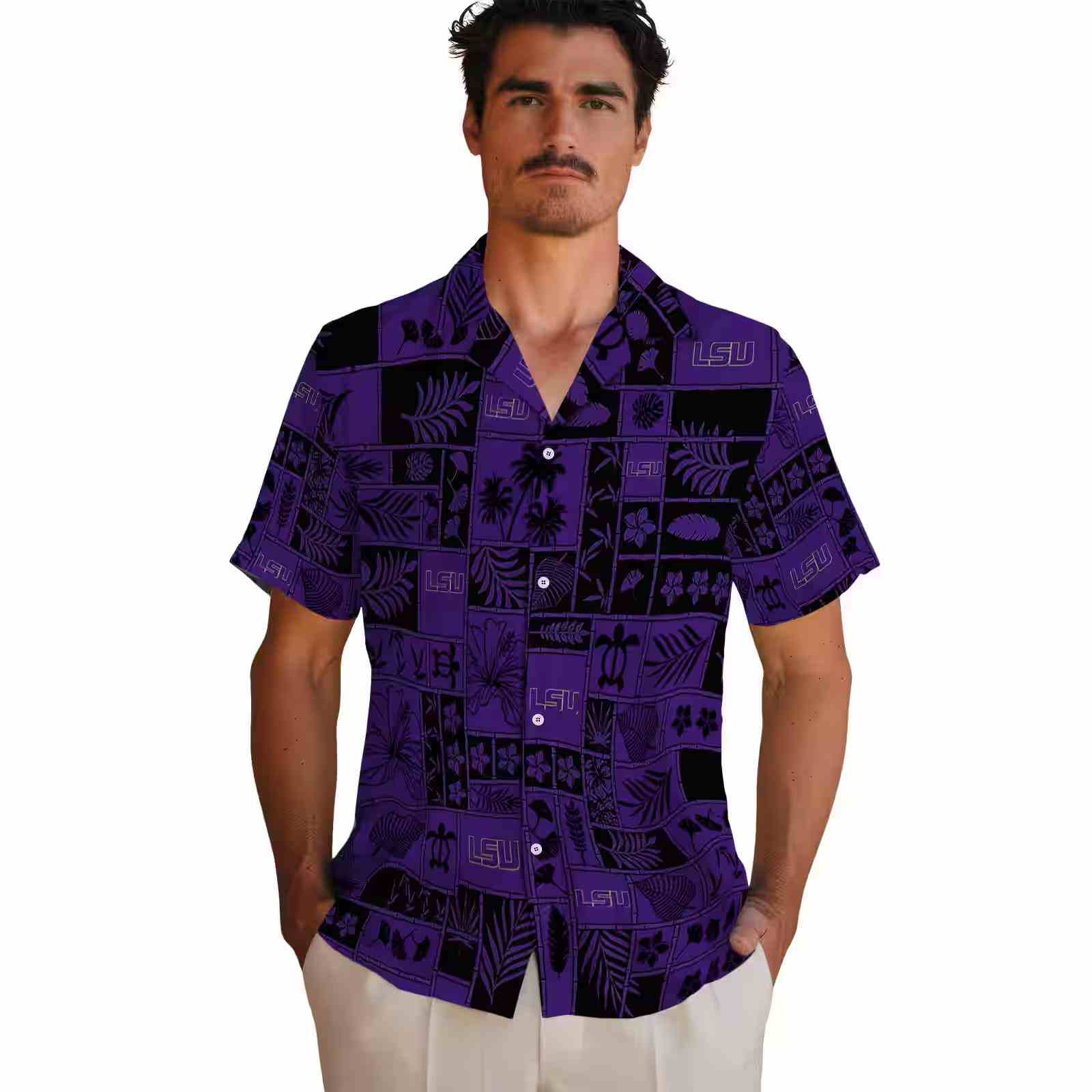 lsu tigers tropical patchwork purple black hawaiian shirt fashion forward