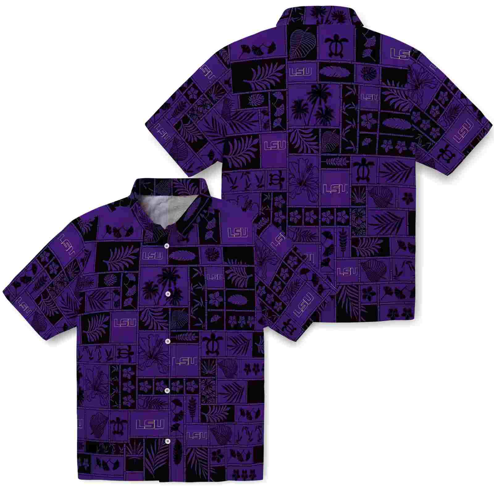 lsu tigers tropical patchwork purple black hawaiian shirt high quality