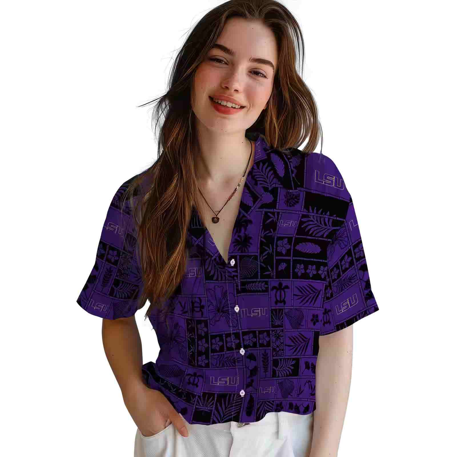 lsu tigers tropical patchwork purple black hawaiian shirt latest model