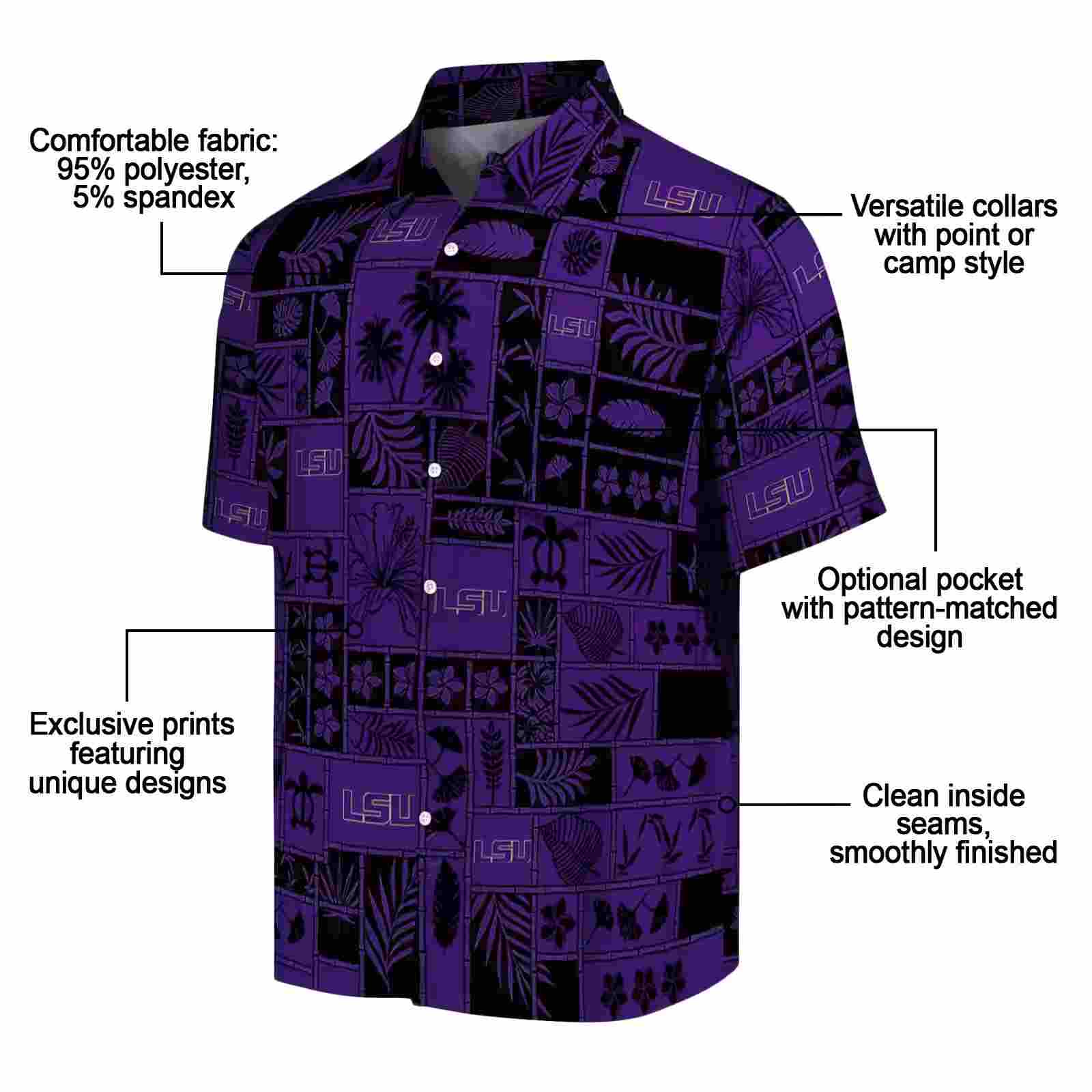 lsu tigers tropical patchwork purple black hawaiian shirt new arrival