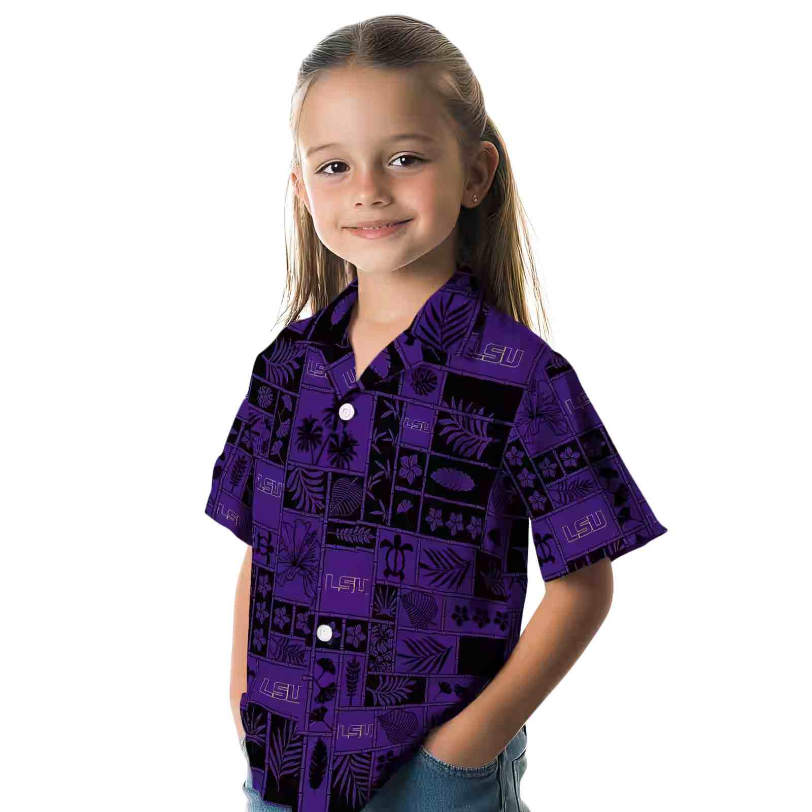 lsu tigers tropical patchwork purple black hawaiian shirt premium grade