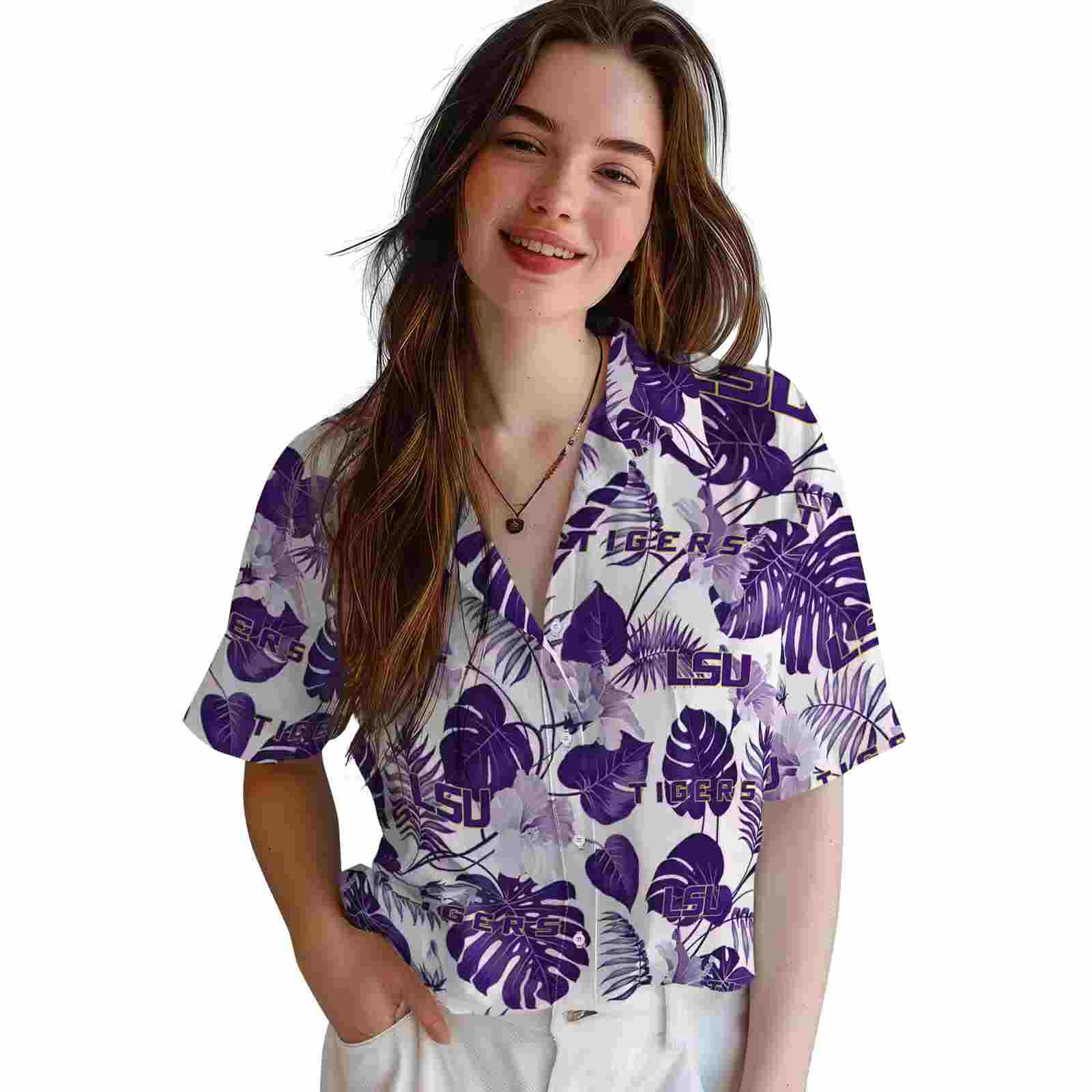 lsu tigers tropical plants purple white hawaiian shirt latest model