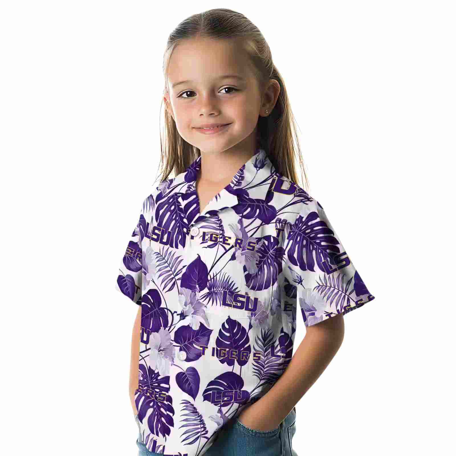 lsu tigers tropical plants purple white hawaiian shirt premium grade