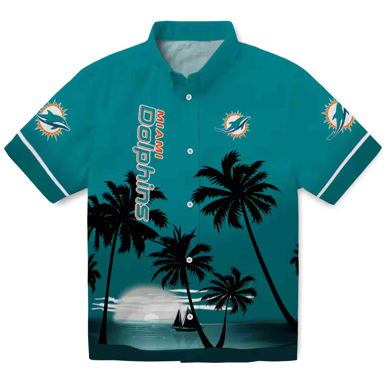 Miami Dolphins Beach Sunset Aqua Black Hawaiian Shirt