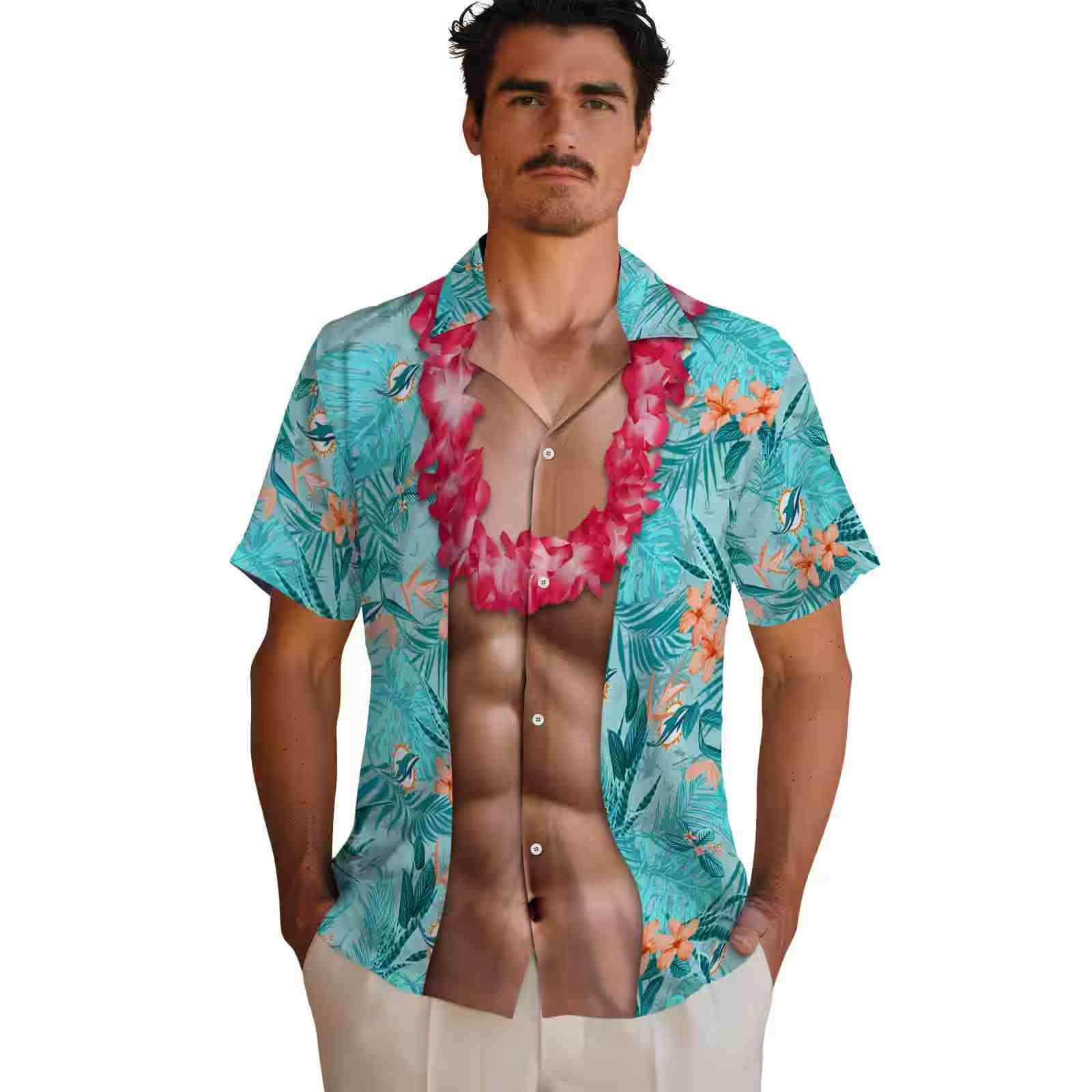 miami dolphins chest illusion aqua hawaiian shirt fashion forward