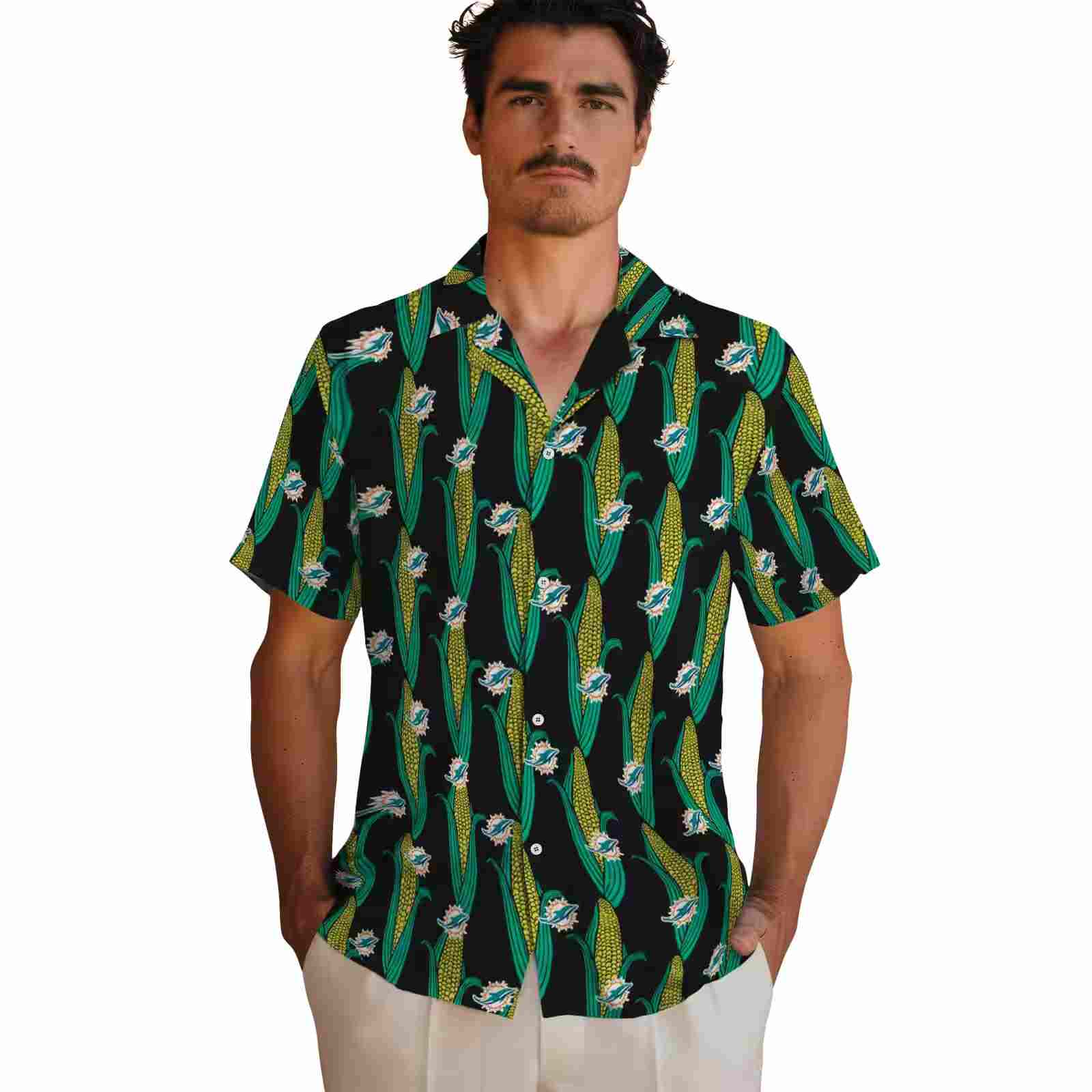 miami dolphins corn motifs black green hawaiian shirt fashion forward