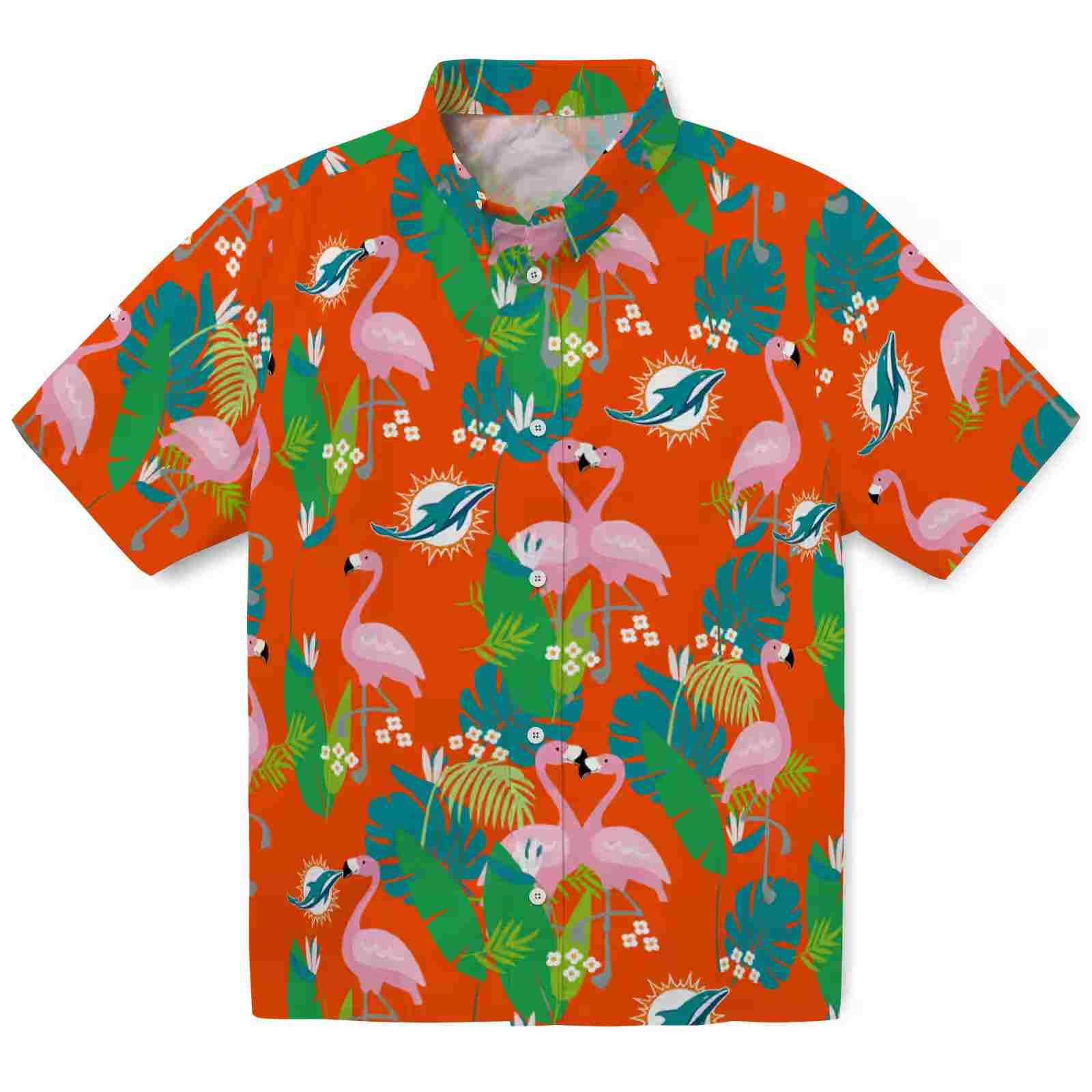 Miami Dolphins Flamingo Foliage Aqua Green Hawaiian Shirt