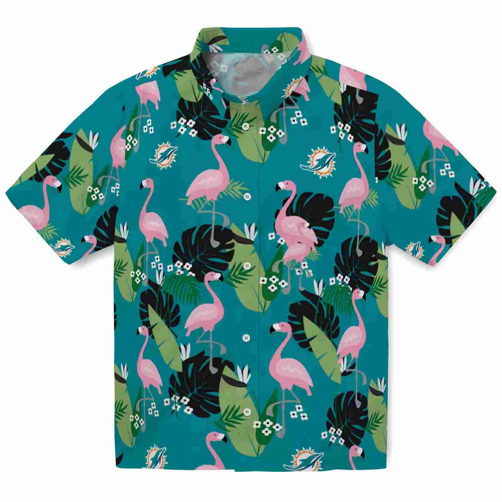 Miami Dolphins Flamingo Leaf Motif Aqua Hawaiian Shirt