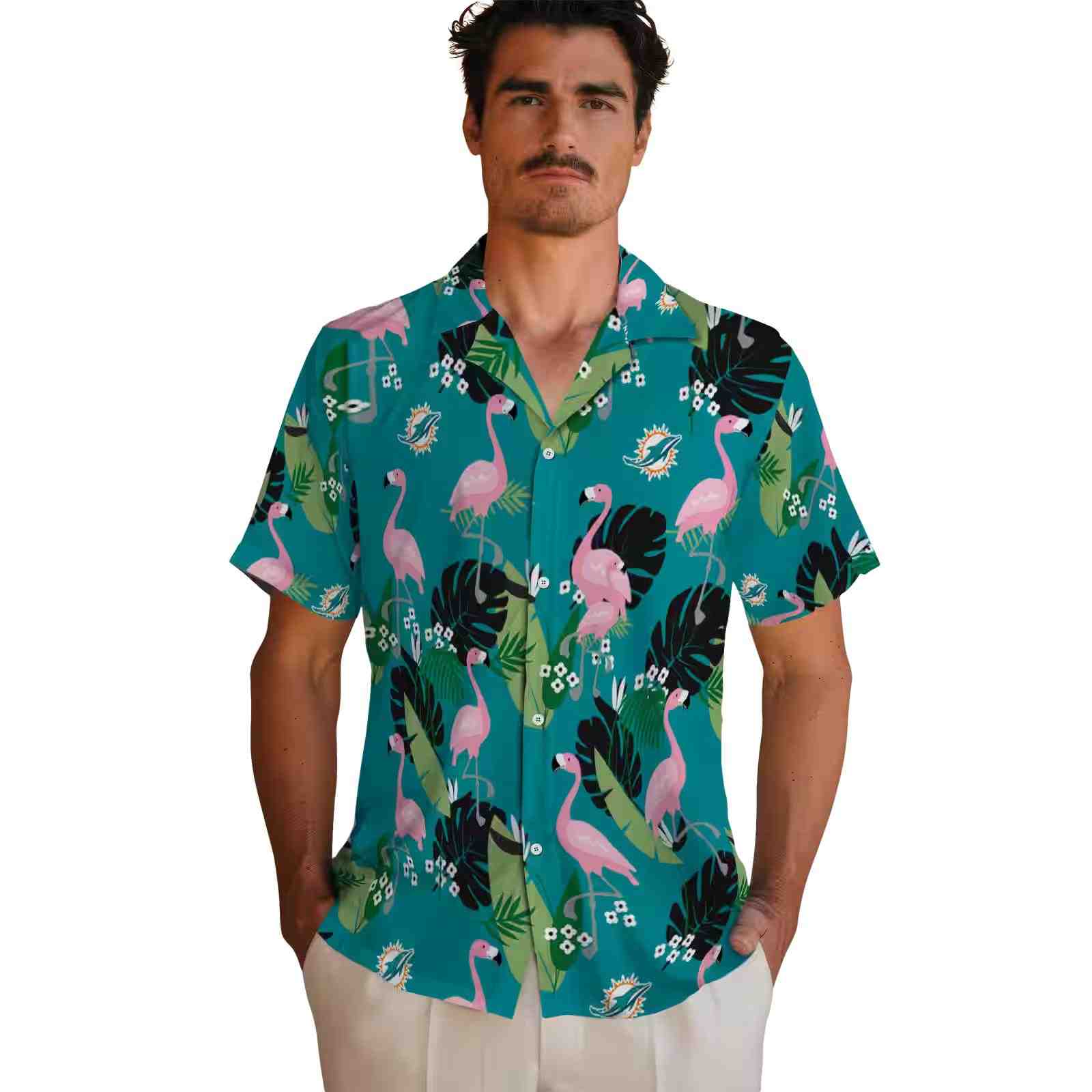 miami dolphins flamingo leaf motif aqua hawaiian shirt fashion forward