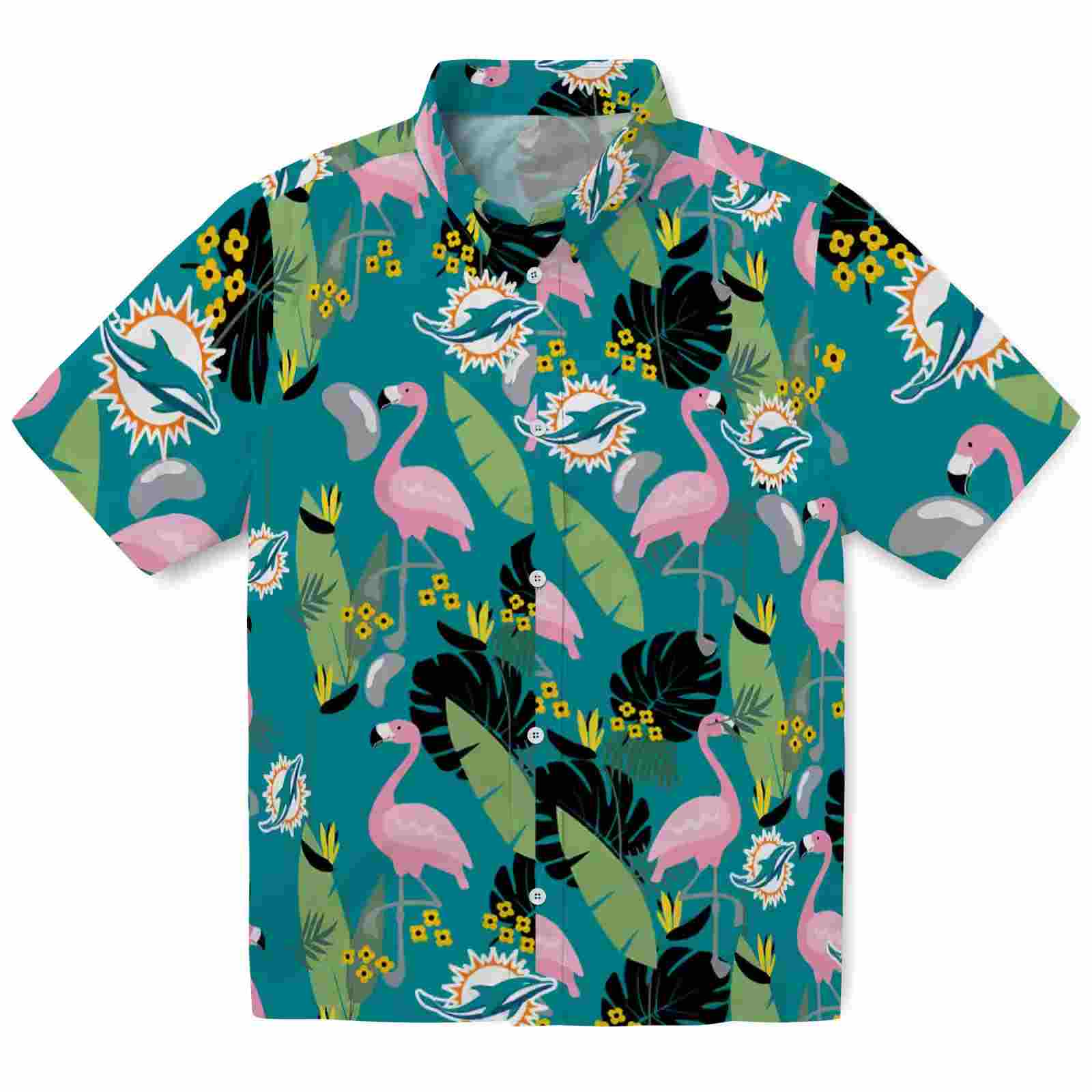 Miami Dolphins Flamingo Leaves Aqua Hawaiian Shirt