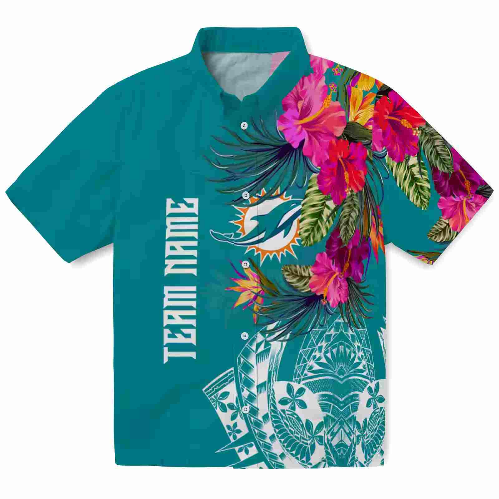 Miami Dolphins Floral Polynesian Aqua Hawaiian Shirt