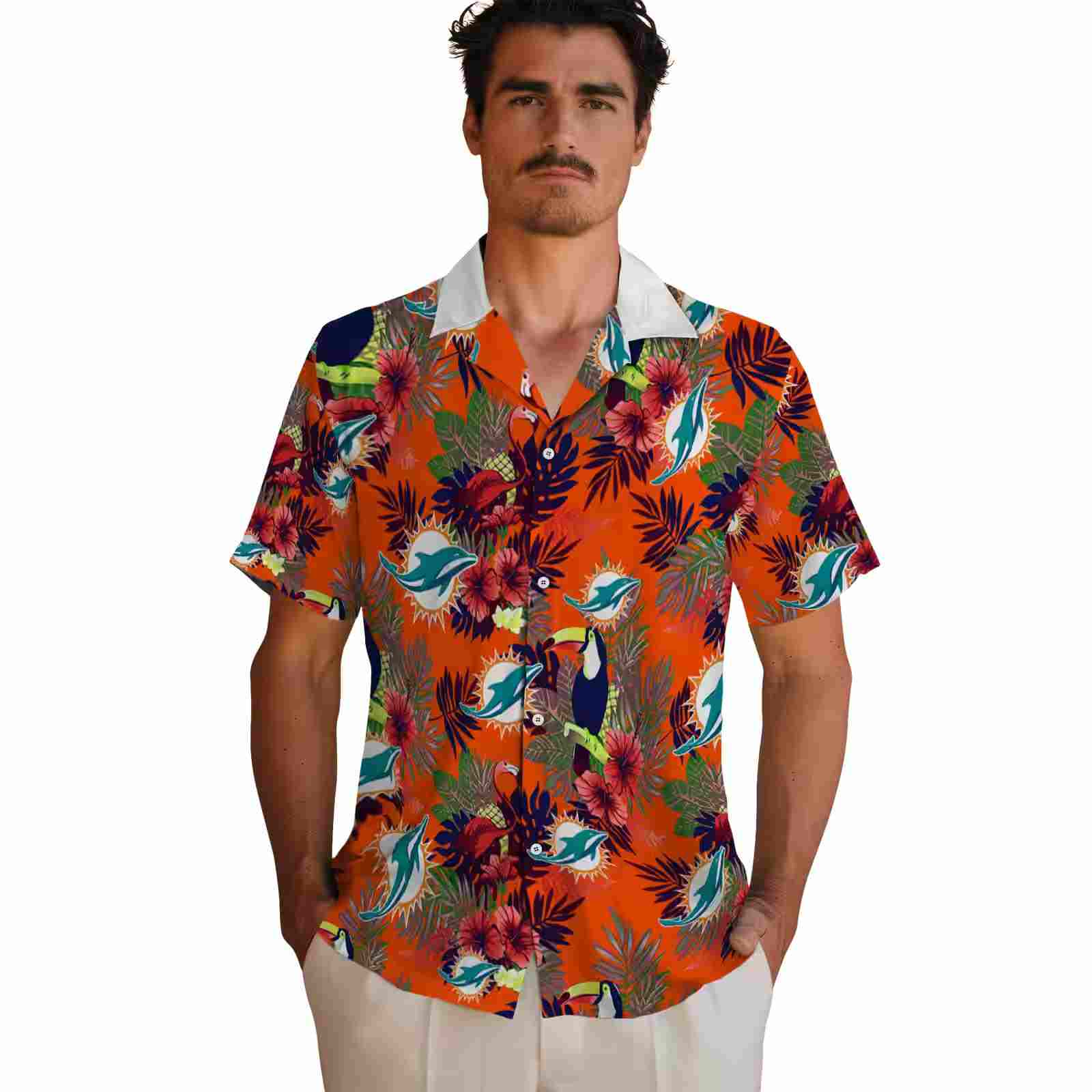 miami dolphins floral toucan aqua red hawaiian shirt fashion forward