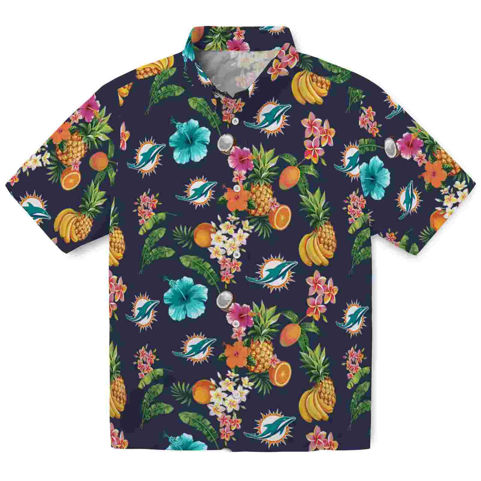 Miami Dolphins Hibiscus And Fruit Navy Blue Hawaiian Shirt