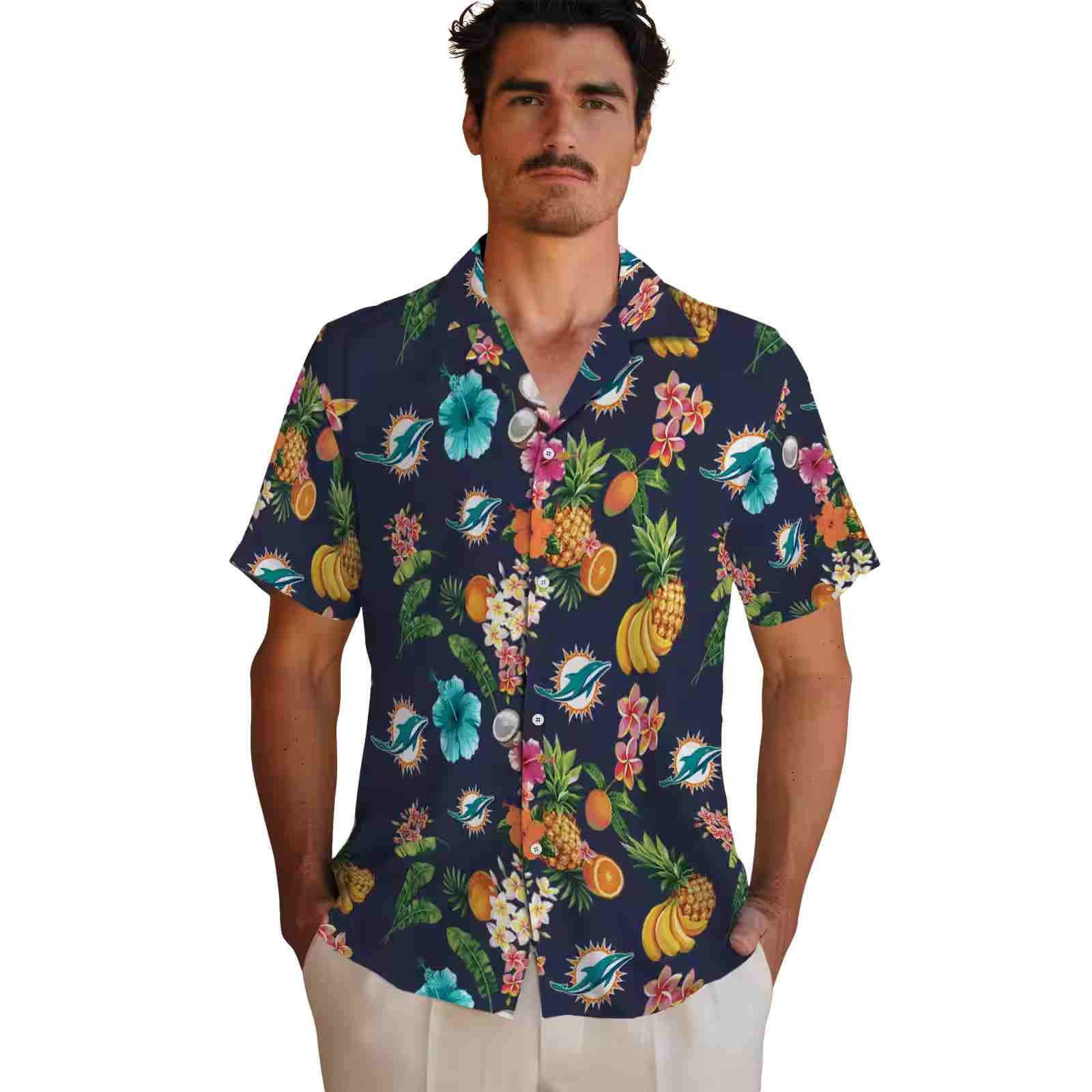 miami dolphins hibiscus and fruit navy blue hawaiian shirt fashion forward