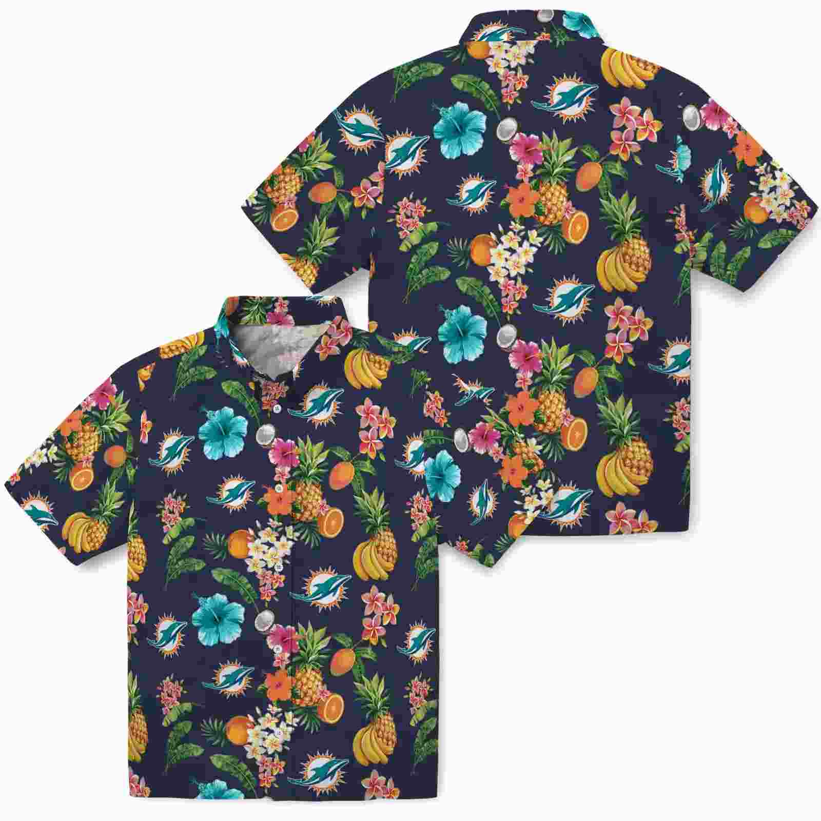 miami dolphins hibiscus and fruit navy blue hawaiian shirt high quality