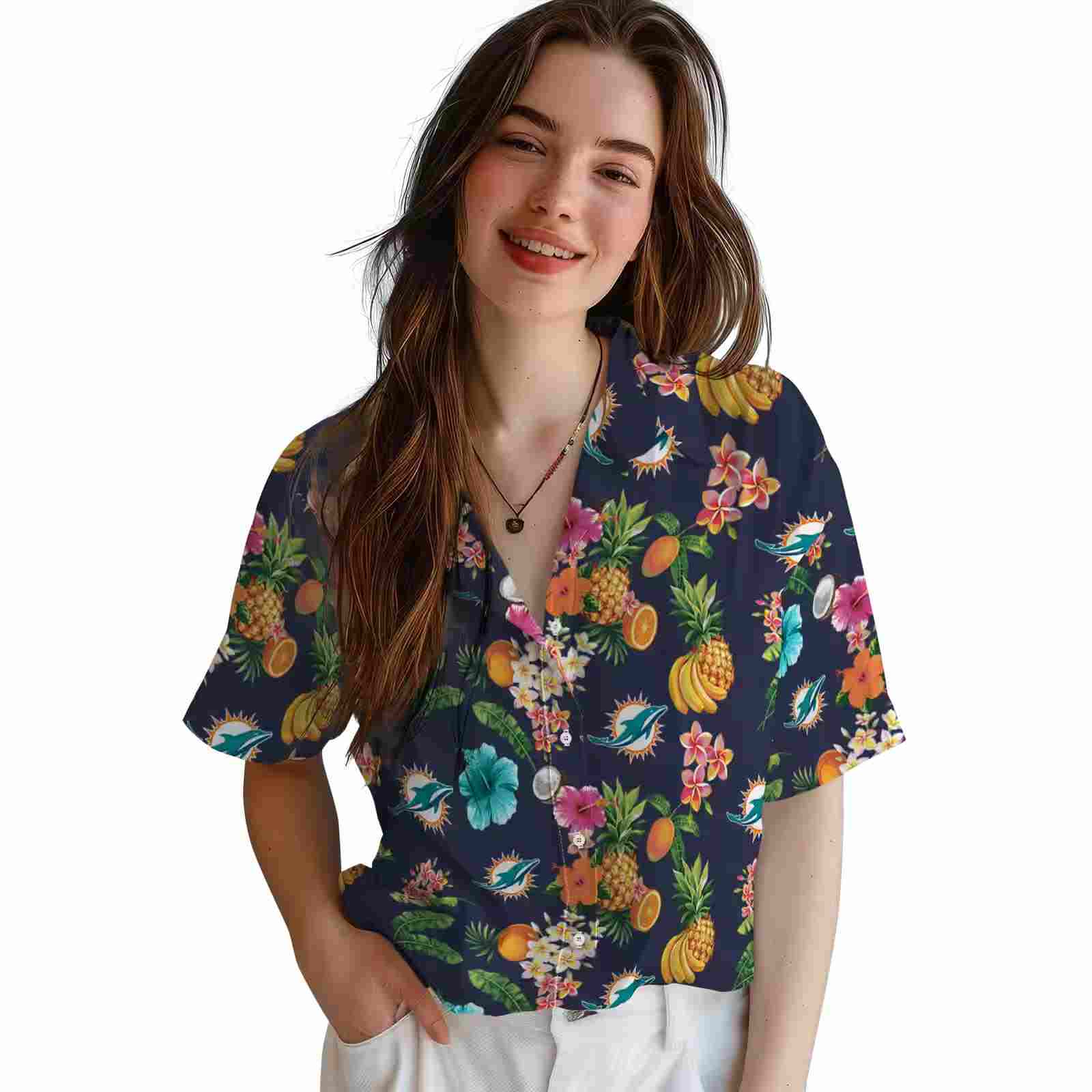 miami dolphins hibiscus and fruit navy blue hawaiian shirt latest model