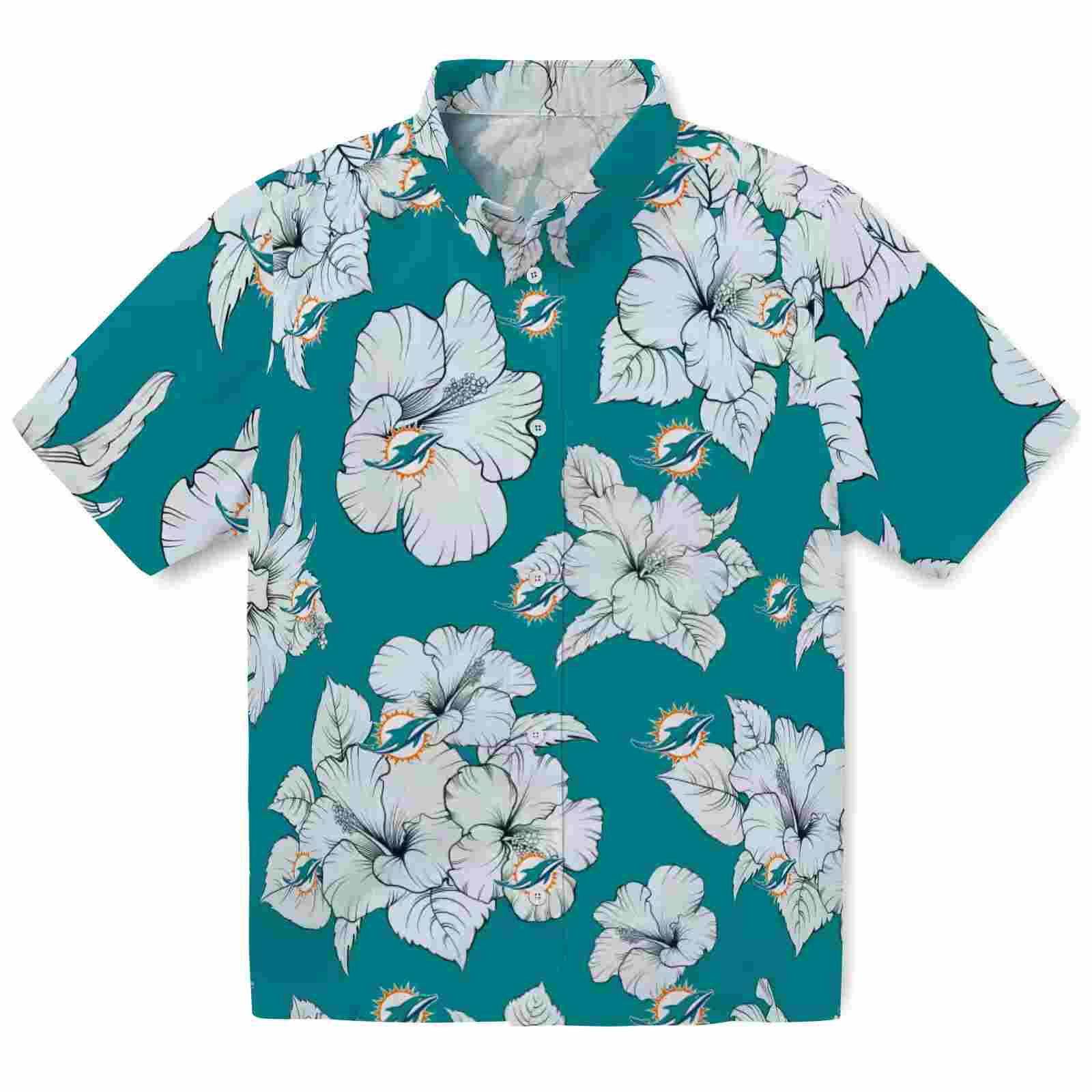 Miami Dolphins Hibiscus Blooms Aqua White Hawaiian Shirt