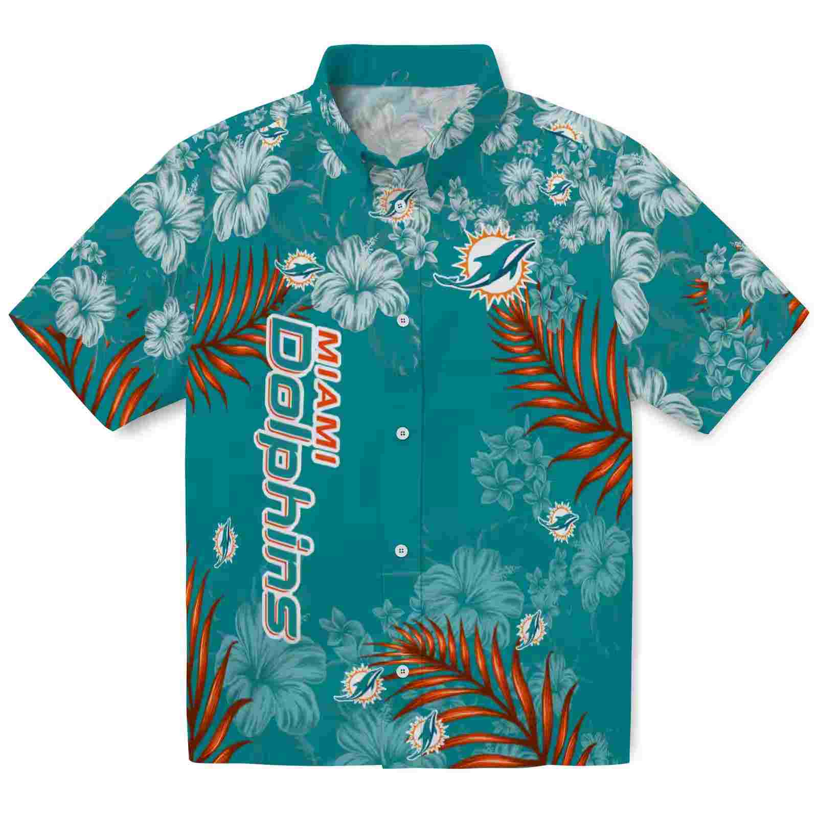 Miami Dolphins Hibiscus Print Aqua Hawaiian Shirt