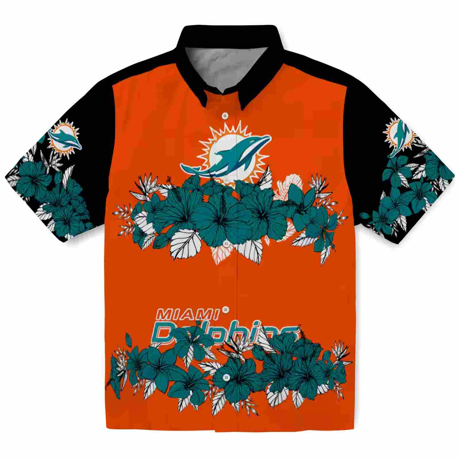 Miami Dolphins Hibiscus Stripe Aqua Black Hawaiian Shirt