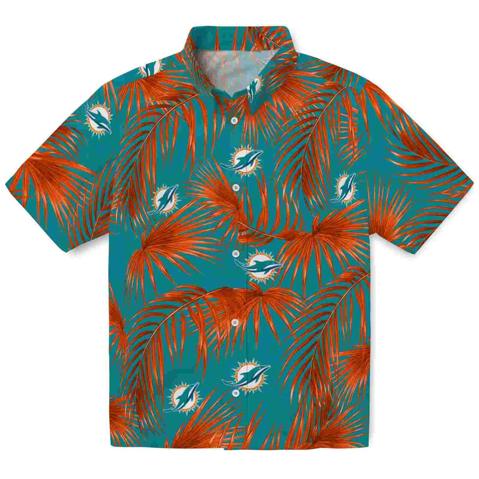 Miami Dolphins Leafy Palms Aqua Hawaiian Shirt