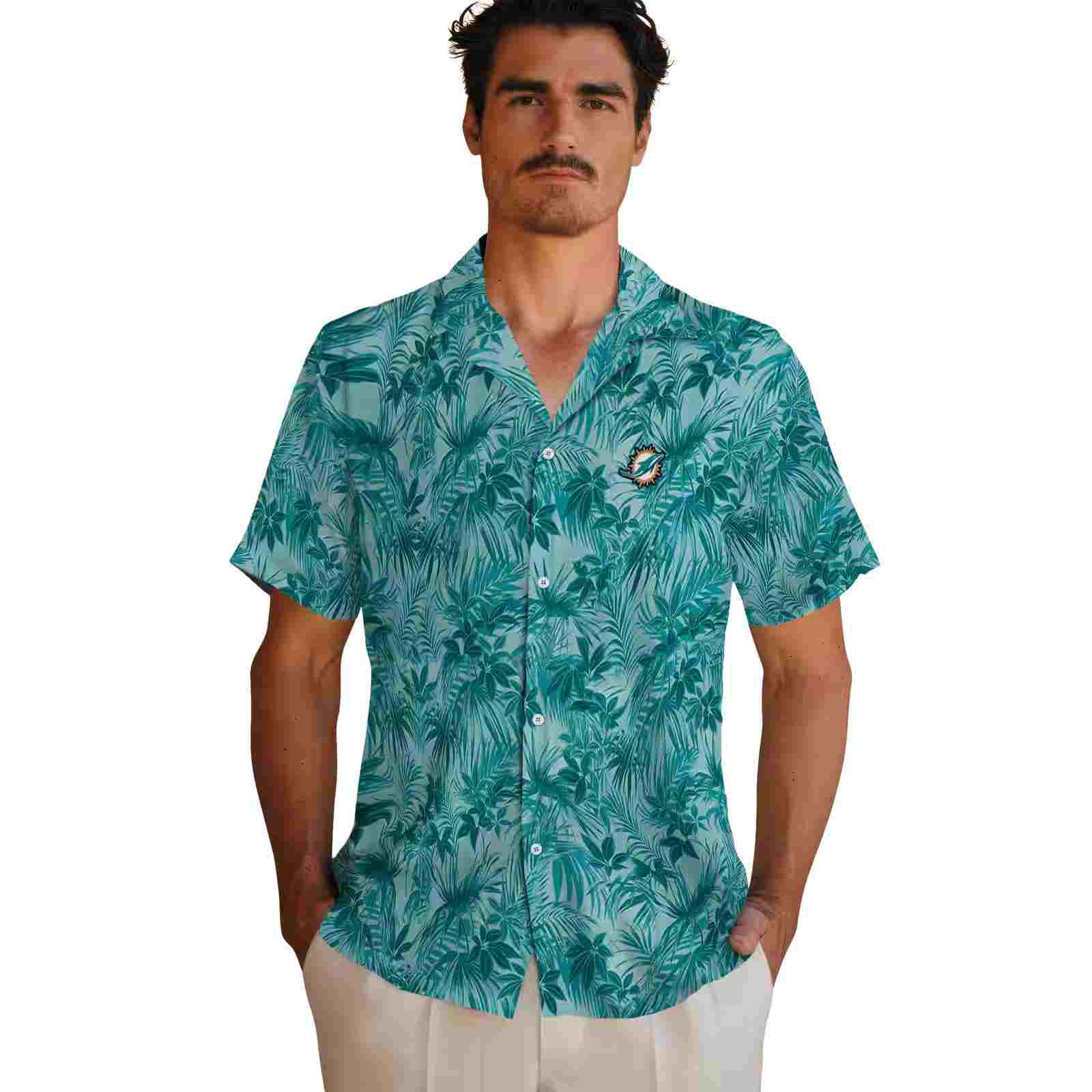 miami dolphins leafy pattern aqua hawaiian shirt fashion forward