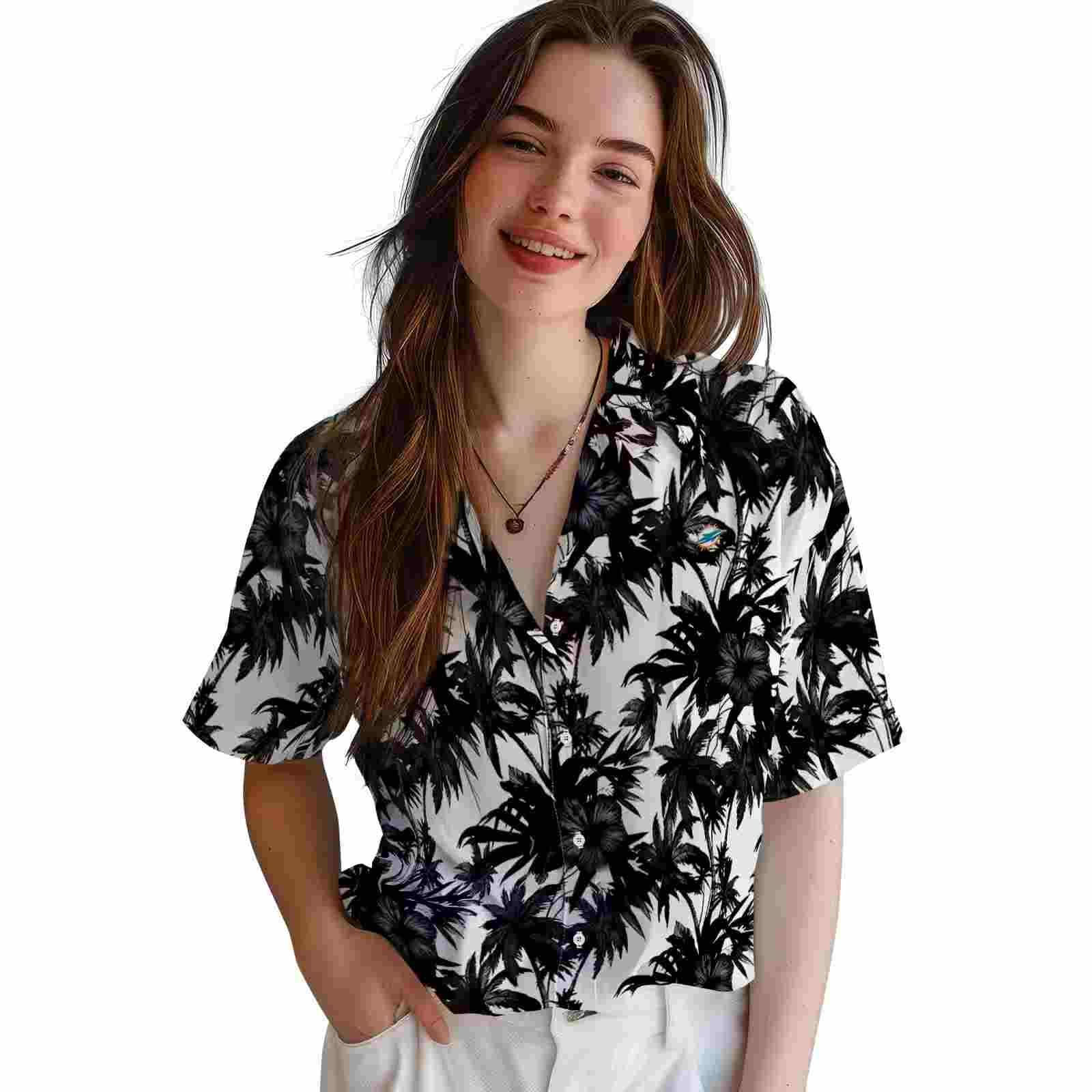 miami dolphins palm motifs black white hawaiian shirt latest model