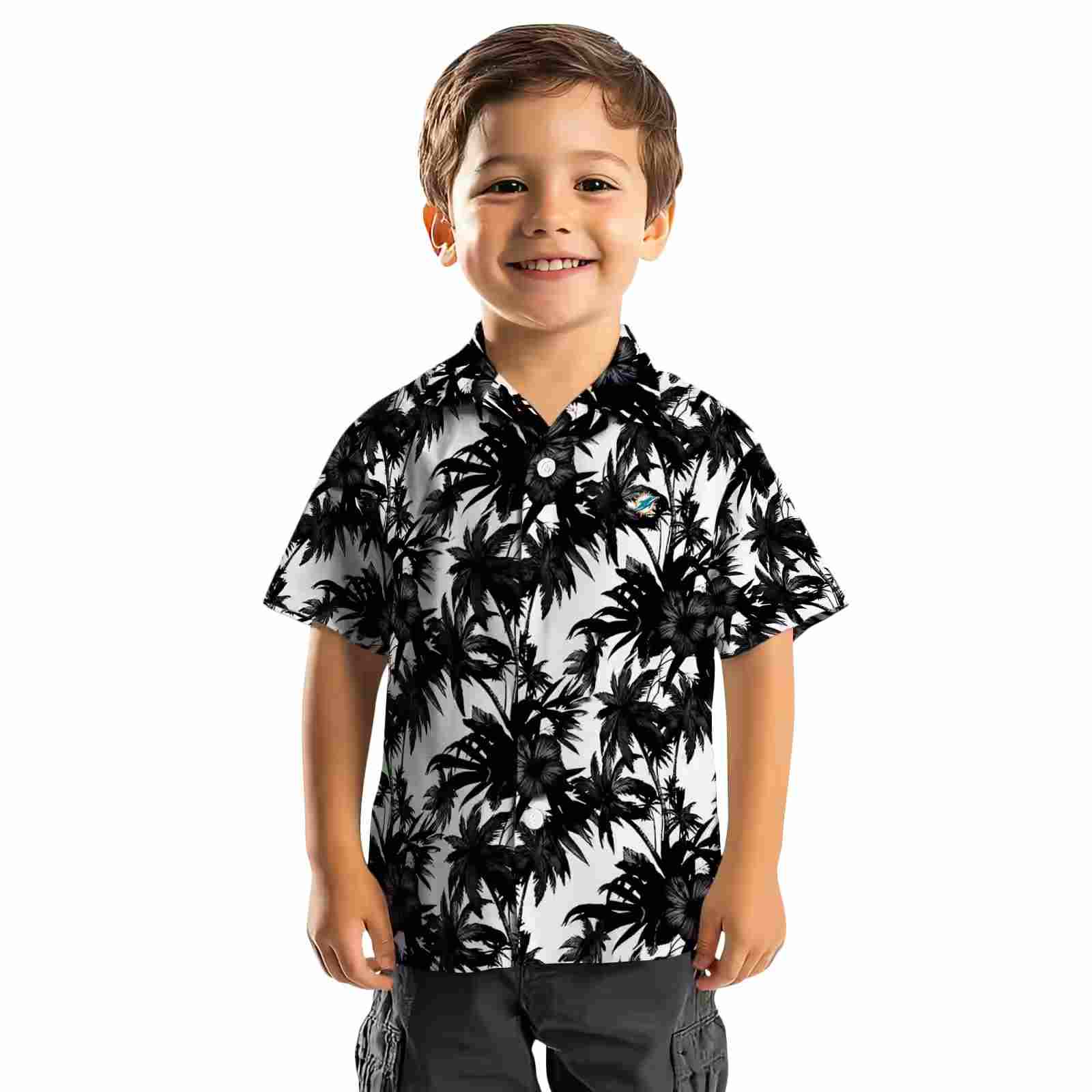 miami dolphins palm motifs black white hawaiian shirt top rated