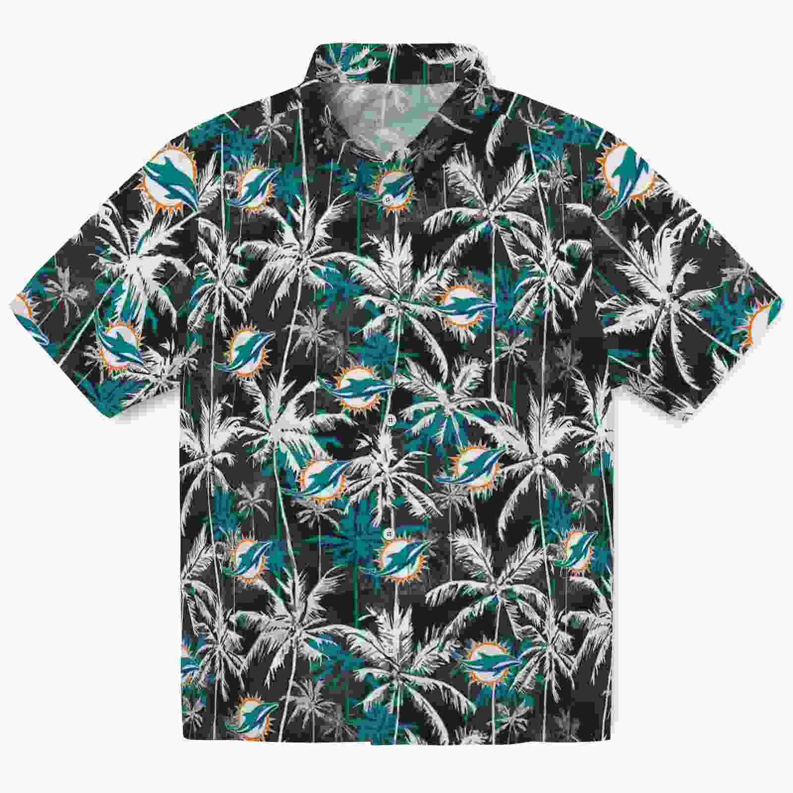 Miami Dolphins Palm Pattern Aqua Black Hawaiian Shirt