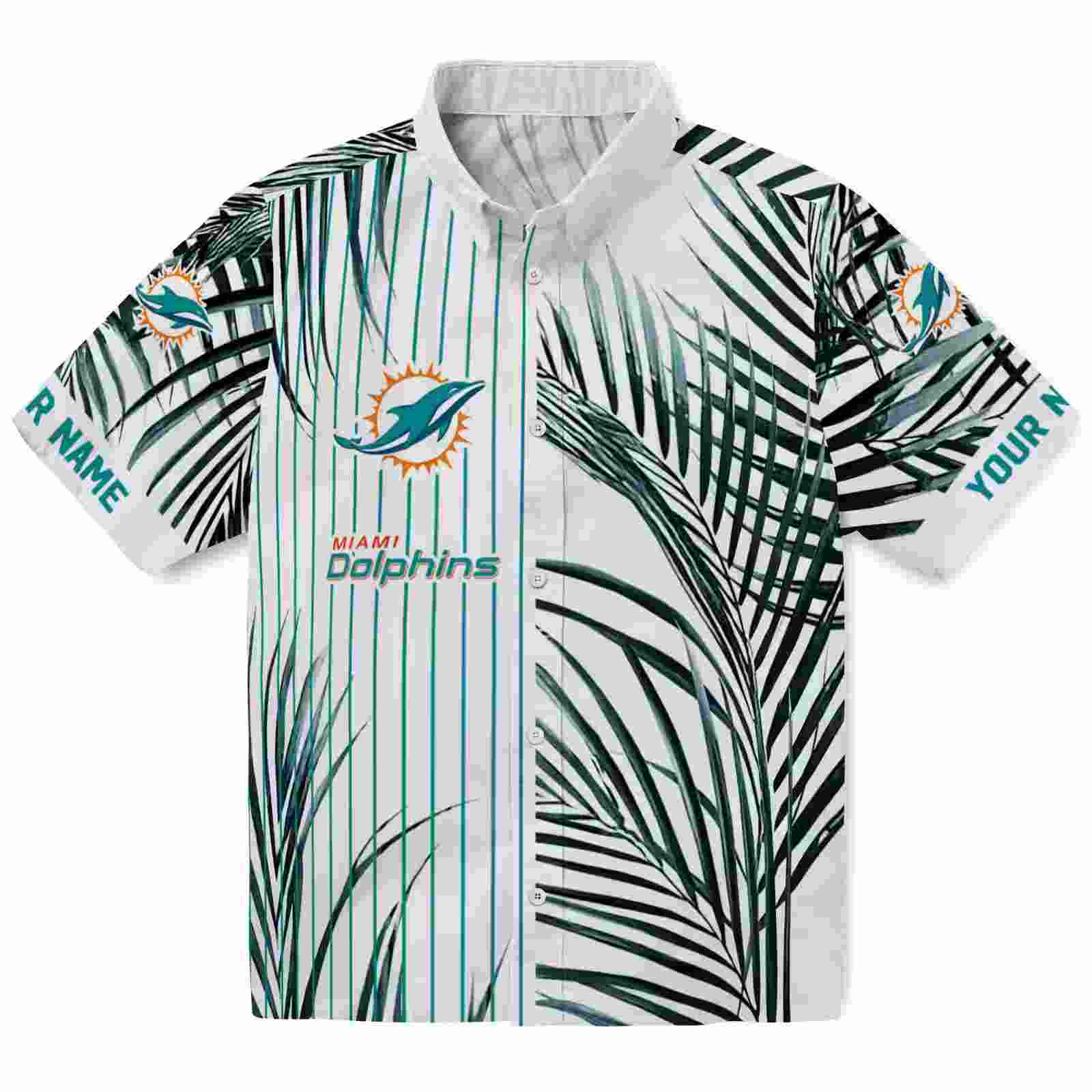 Miami Dolphins Palm Stripes Aqua Black White Hawaiian Shirt