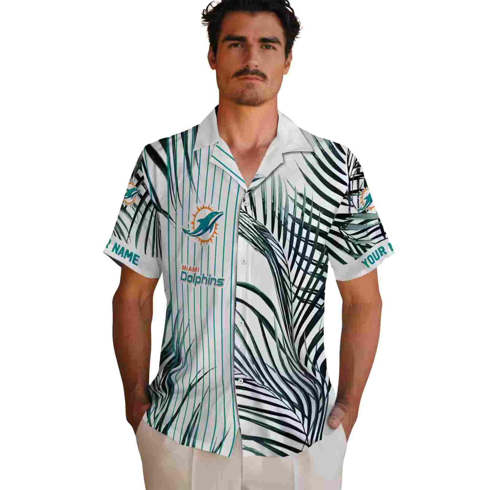 miami dolphins palm stripes aqua black white hawaiian shirt fashion forward