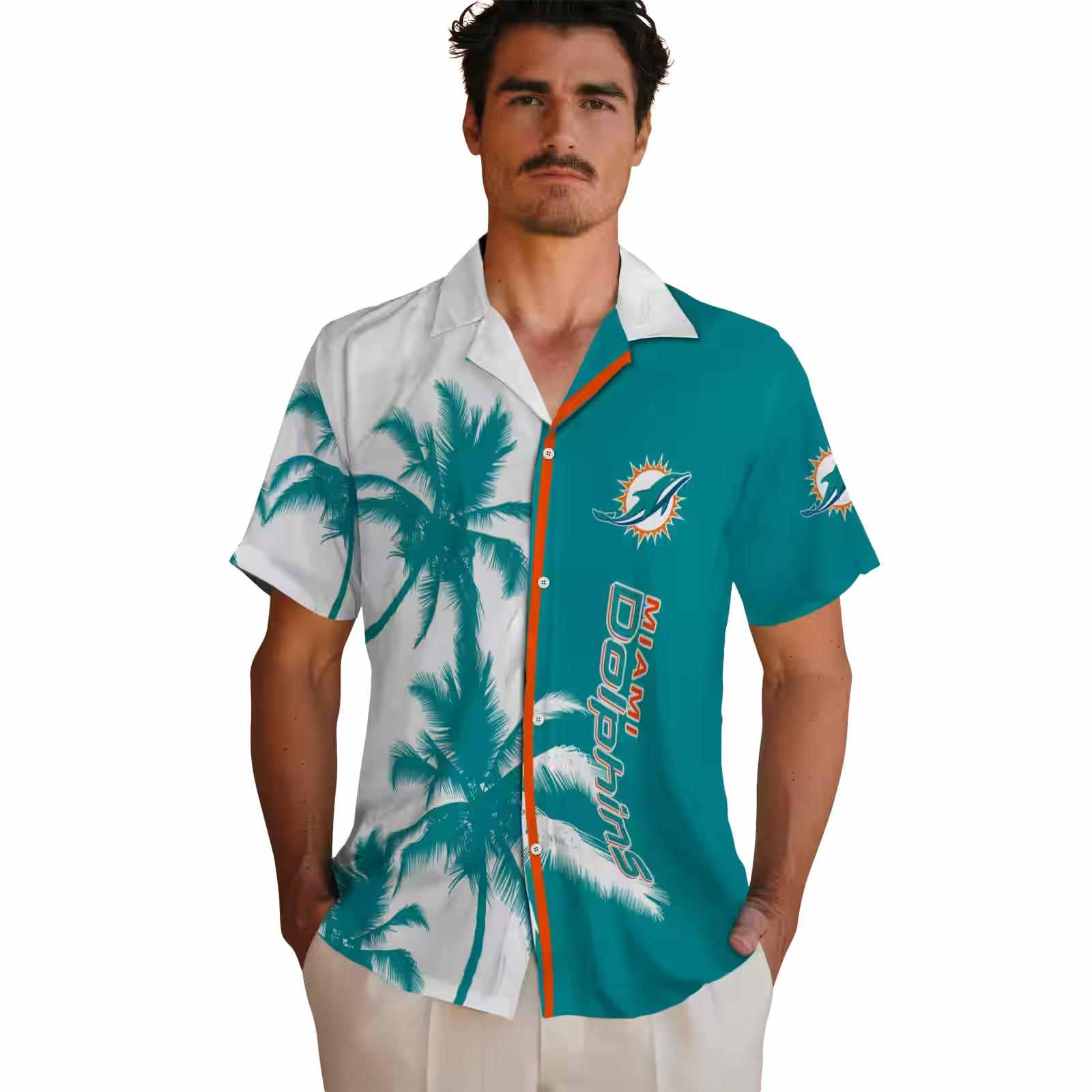 miami dolphins palm trees aqua white hawaiian shirt fashion forward