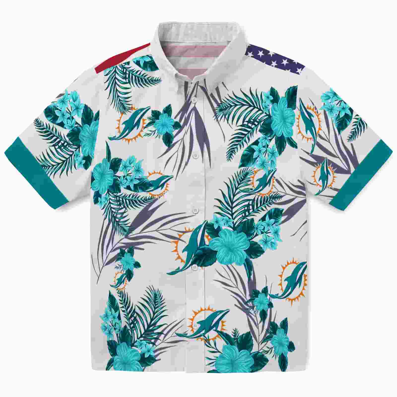 Miami Dolphins Patriotic Hibiscus Design Aqua White Hawaiian Shirt