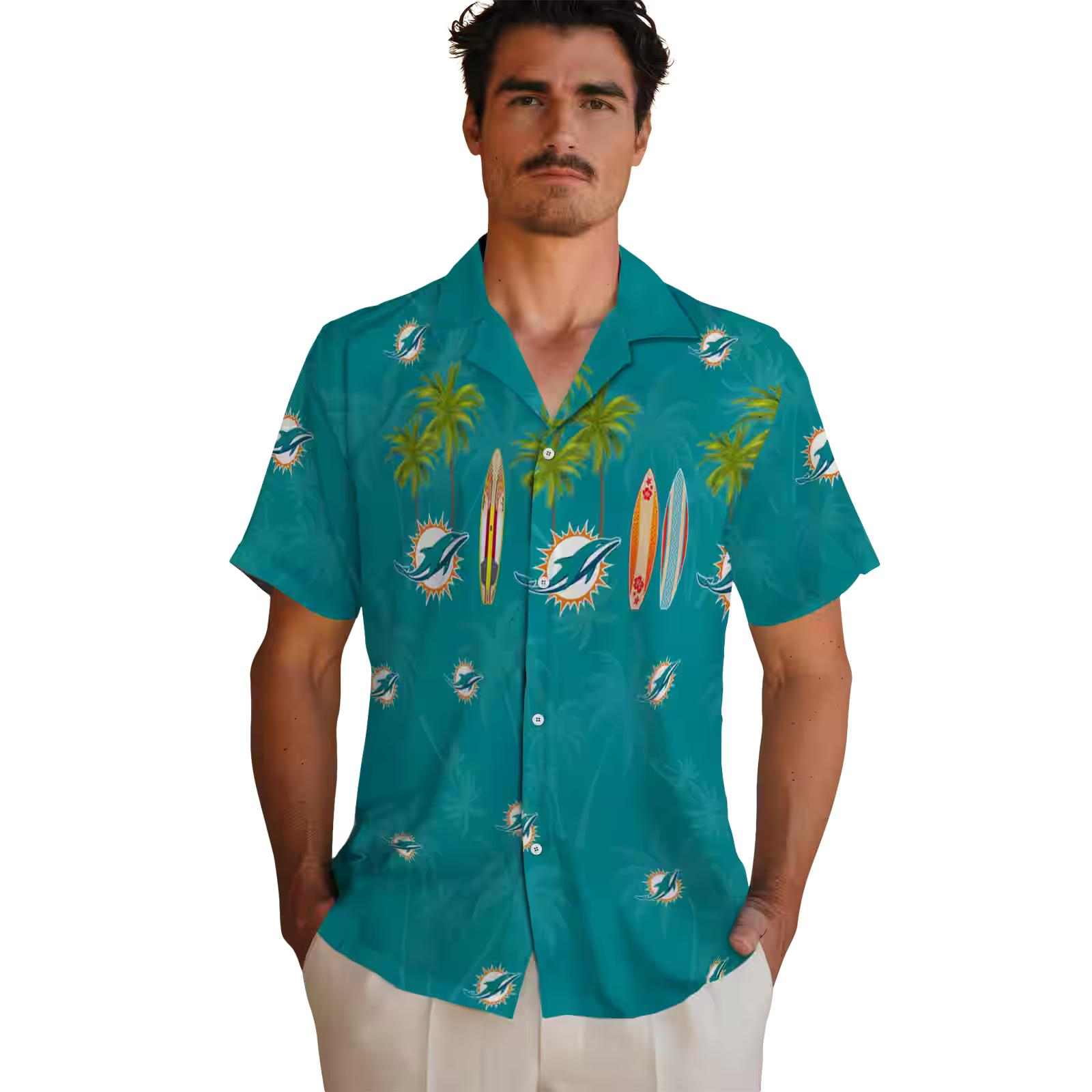 miami dolphins surfboard palm aqua hawaiian shirt fashion forward