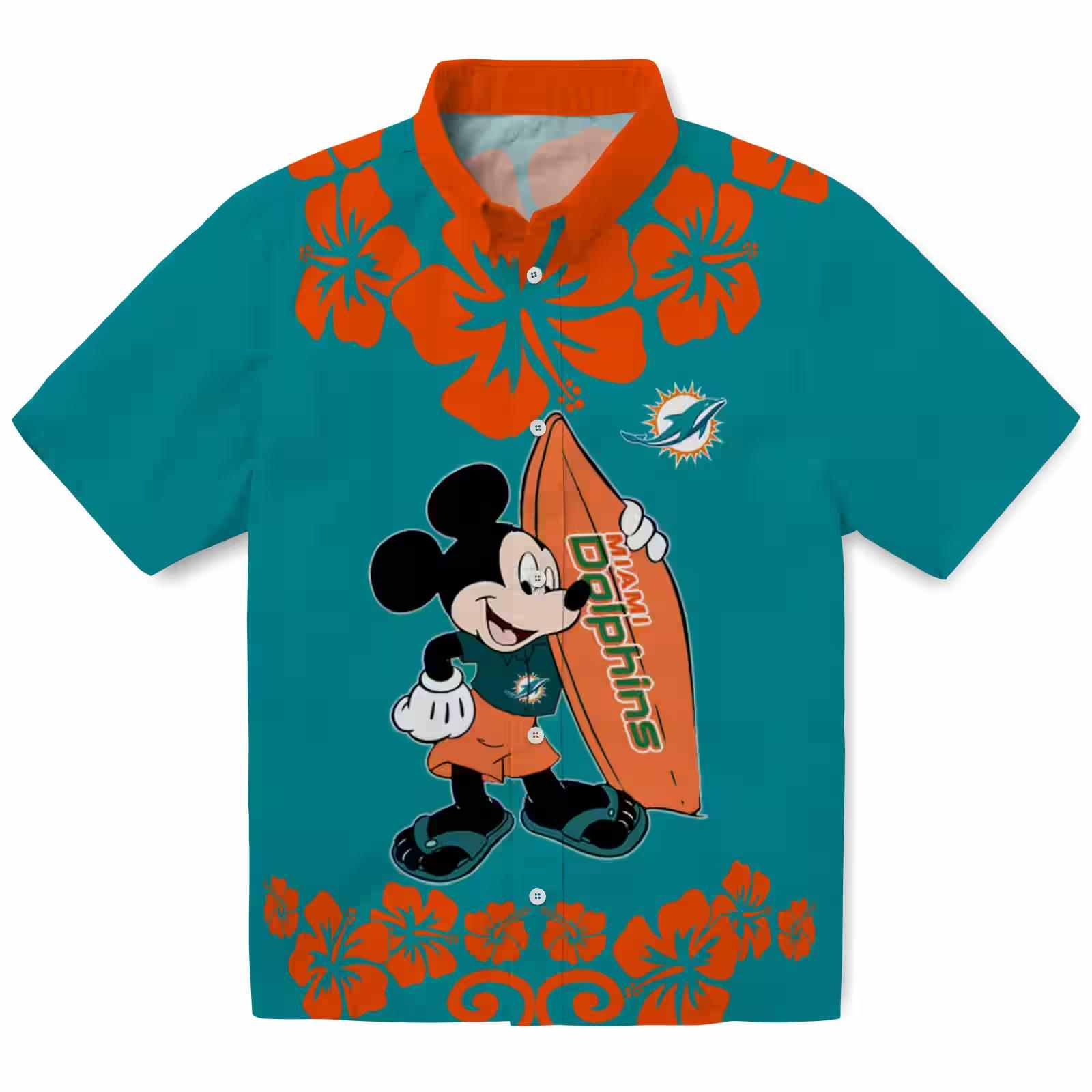 Miami Dolphins Surfing Mickey Aqua Hawaiian Shirt