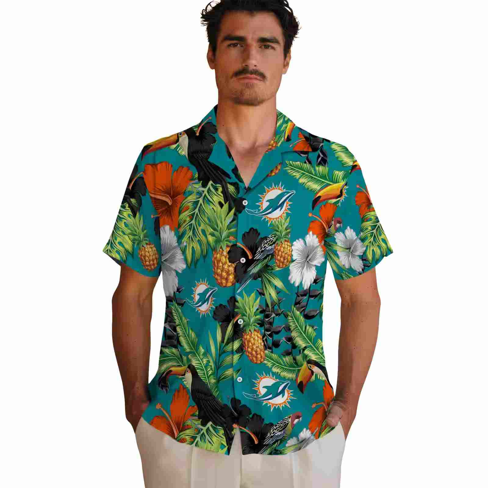 miami dolphins toucan hibiscus pineapple aqua green hawaiian shirt fashion forward