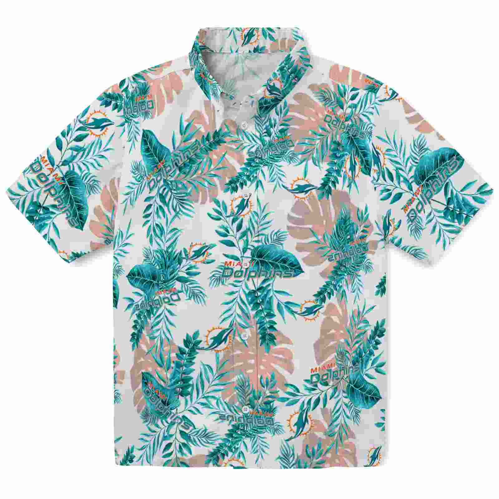 Miami Dolphins Tropical Leaves White Hawaiian Shirt