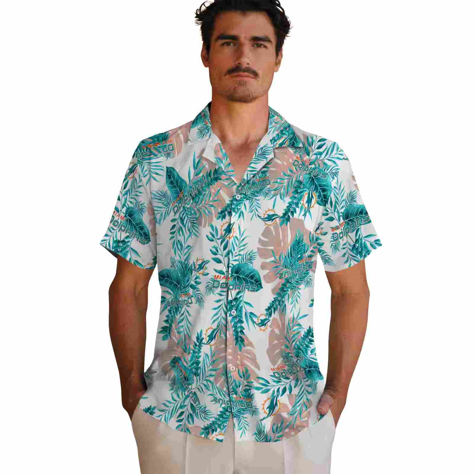 miami dolphins tropical leaves white hawaiian shirt fashion forward