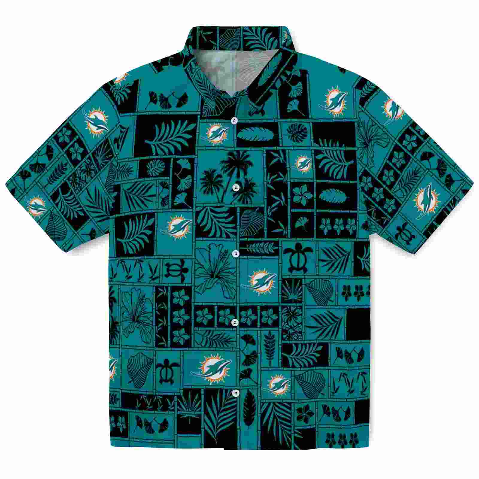 Miami Dolphins Tropical Patchwork Aqua Black Hawaiian Shirt