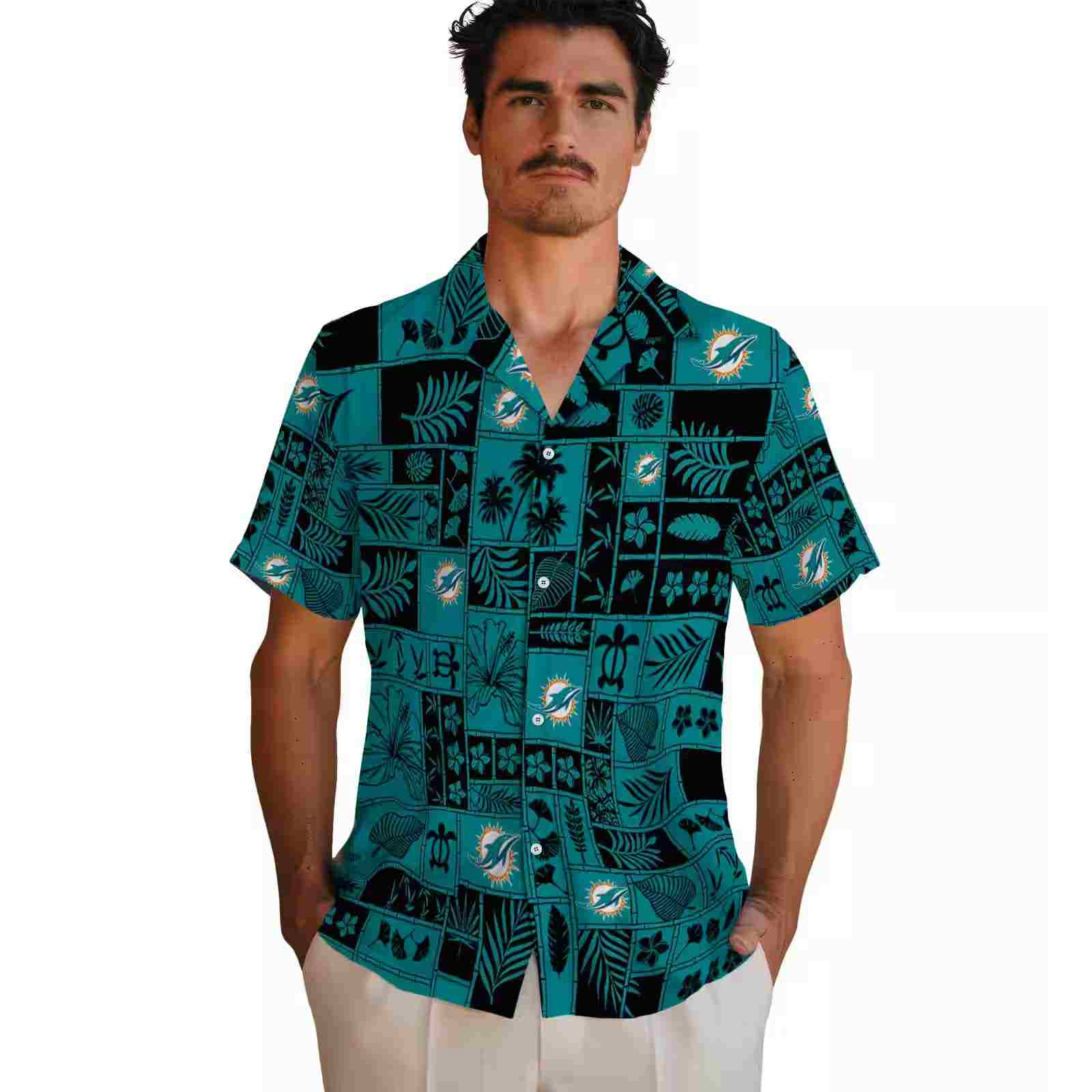 miami dolphins tropical patchwork aqua black hawaiian shirt fashion forward