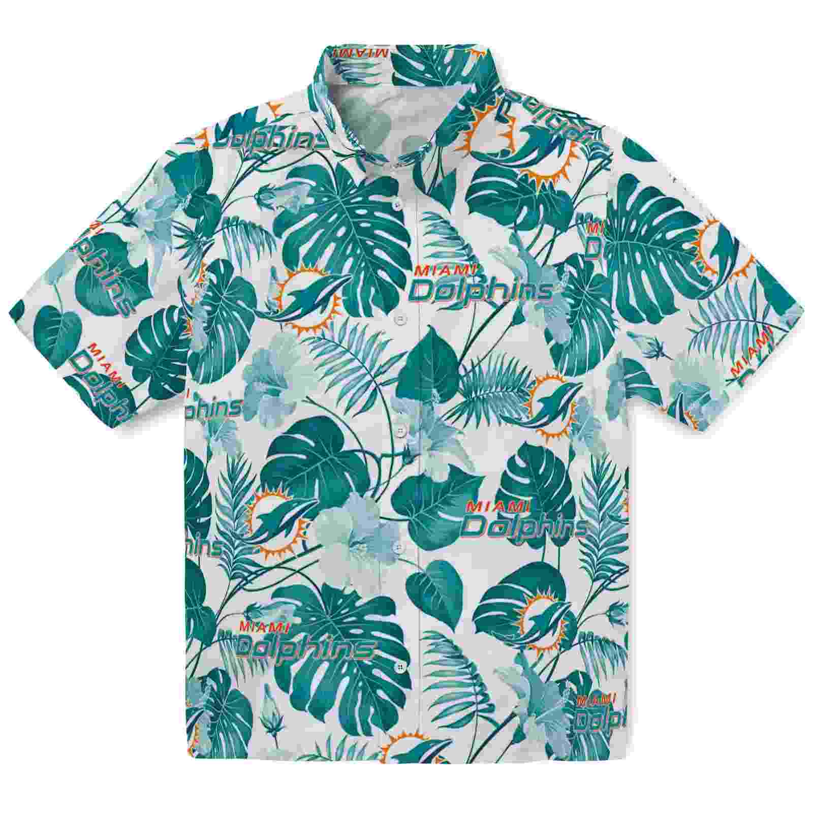 Miami Dolphins Tropical Plants Aqua White Hawaiian Shirt