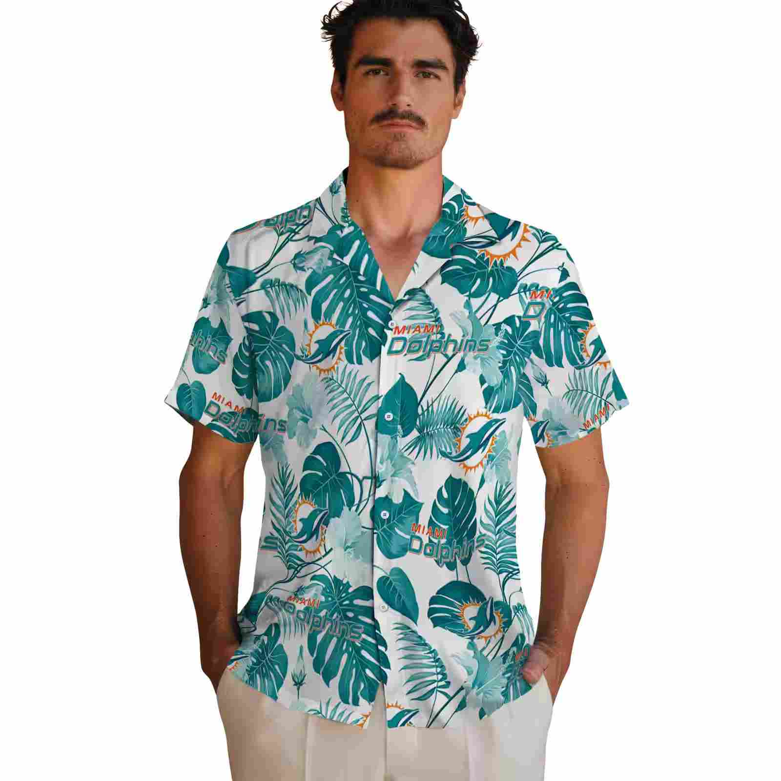 miami dolphins tropical plants aqua white hawaiian shirt fashion forward