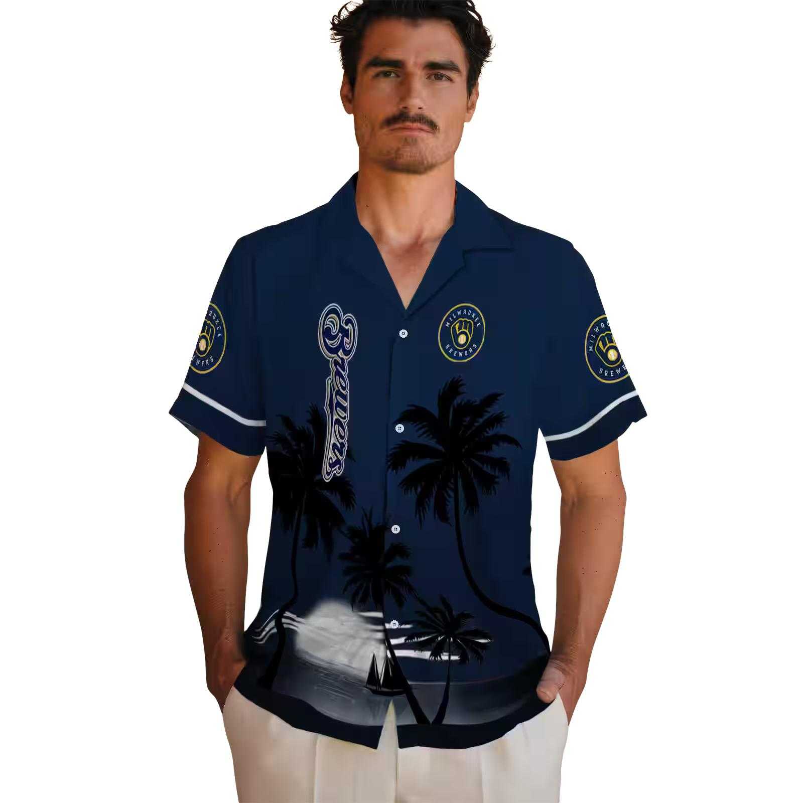 milwaukee brewers beach sunset navy blue black hawaiian shirt fashion forward