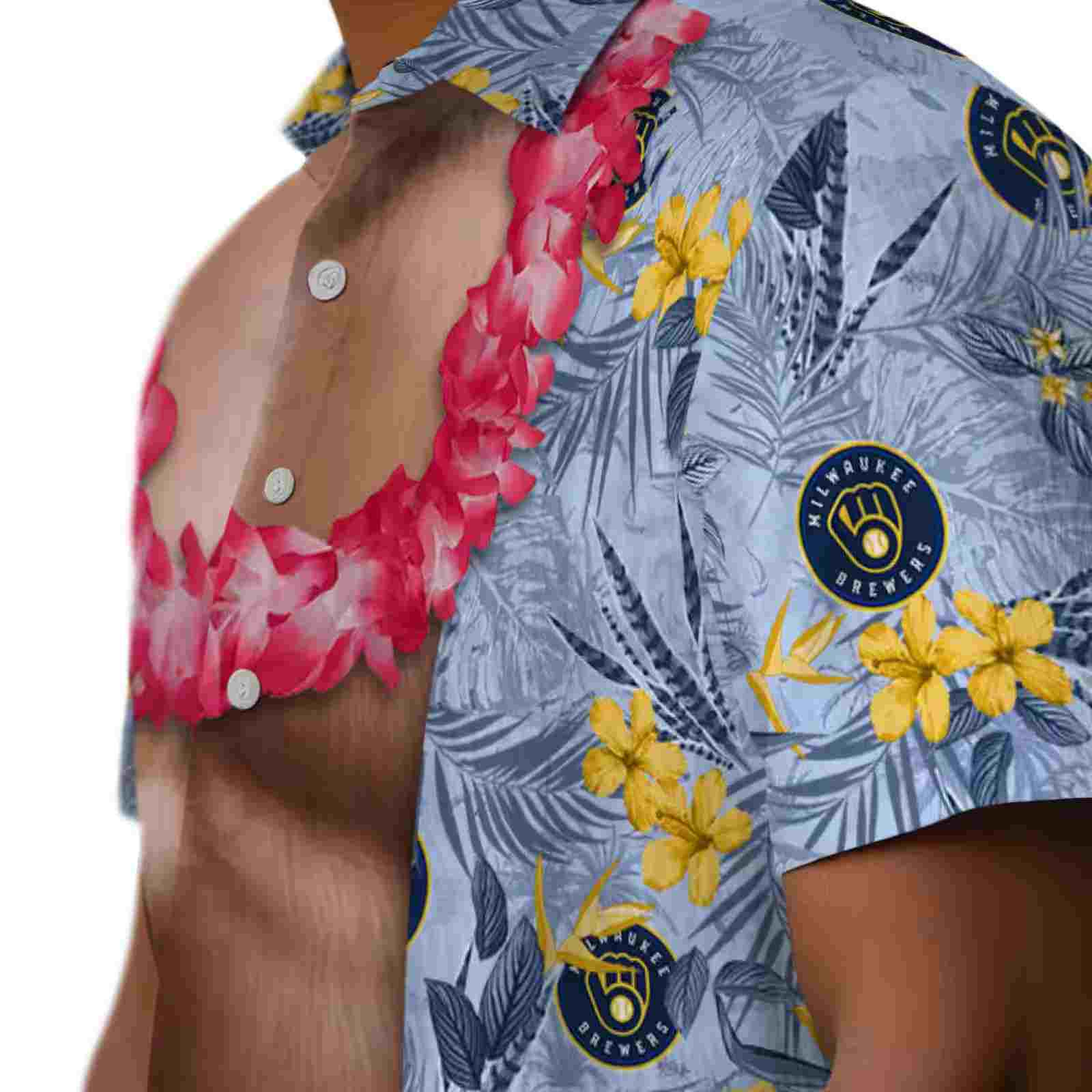 milwaukee brewers chest illusion navy blue hawaiian shirt trendy