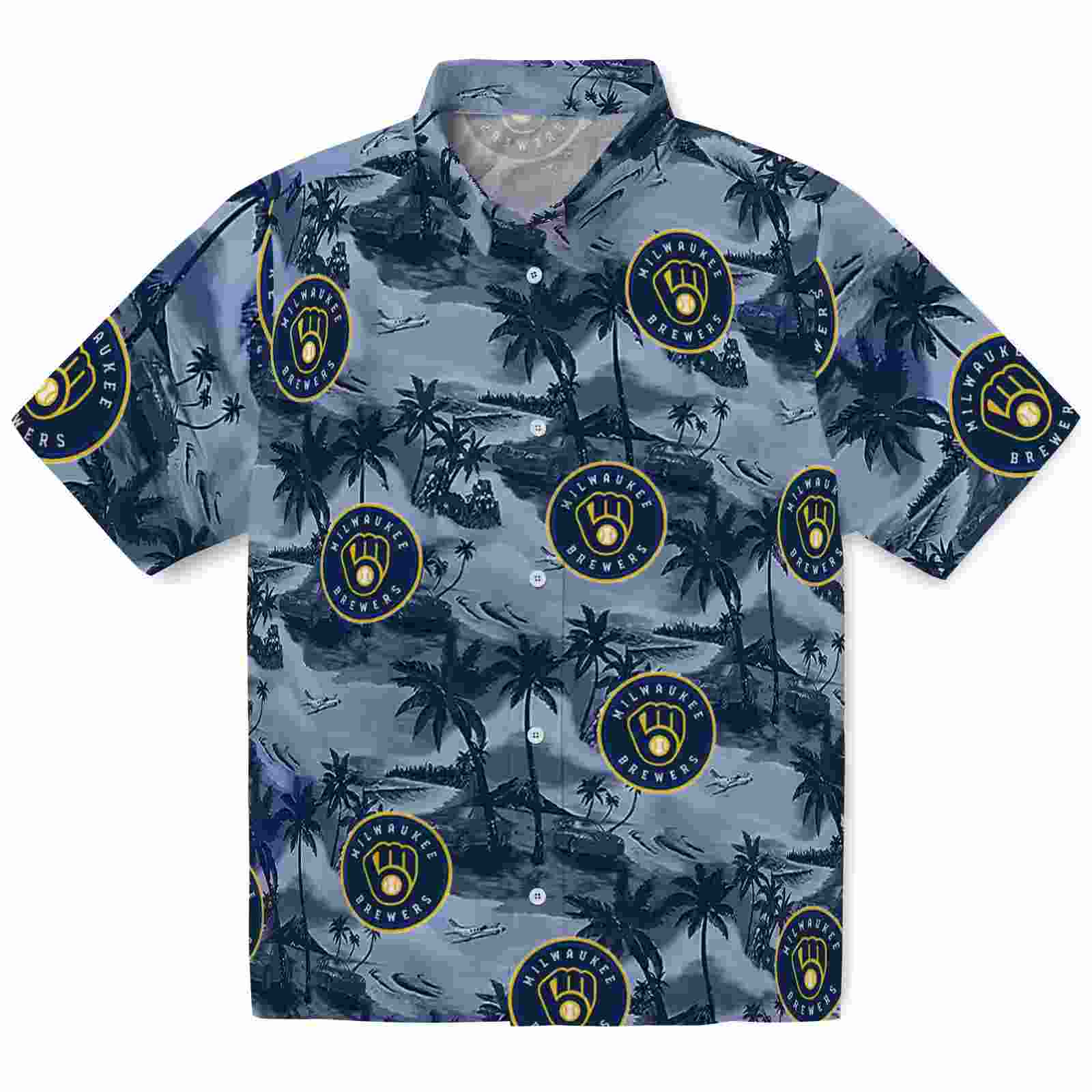 Milwaukee Brewers Coastal Palms Navy Blue Hawaiian Shirt