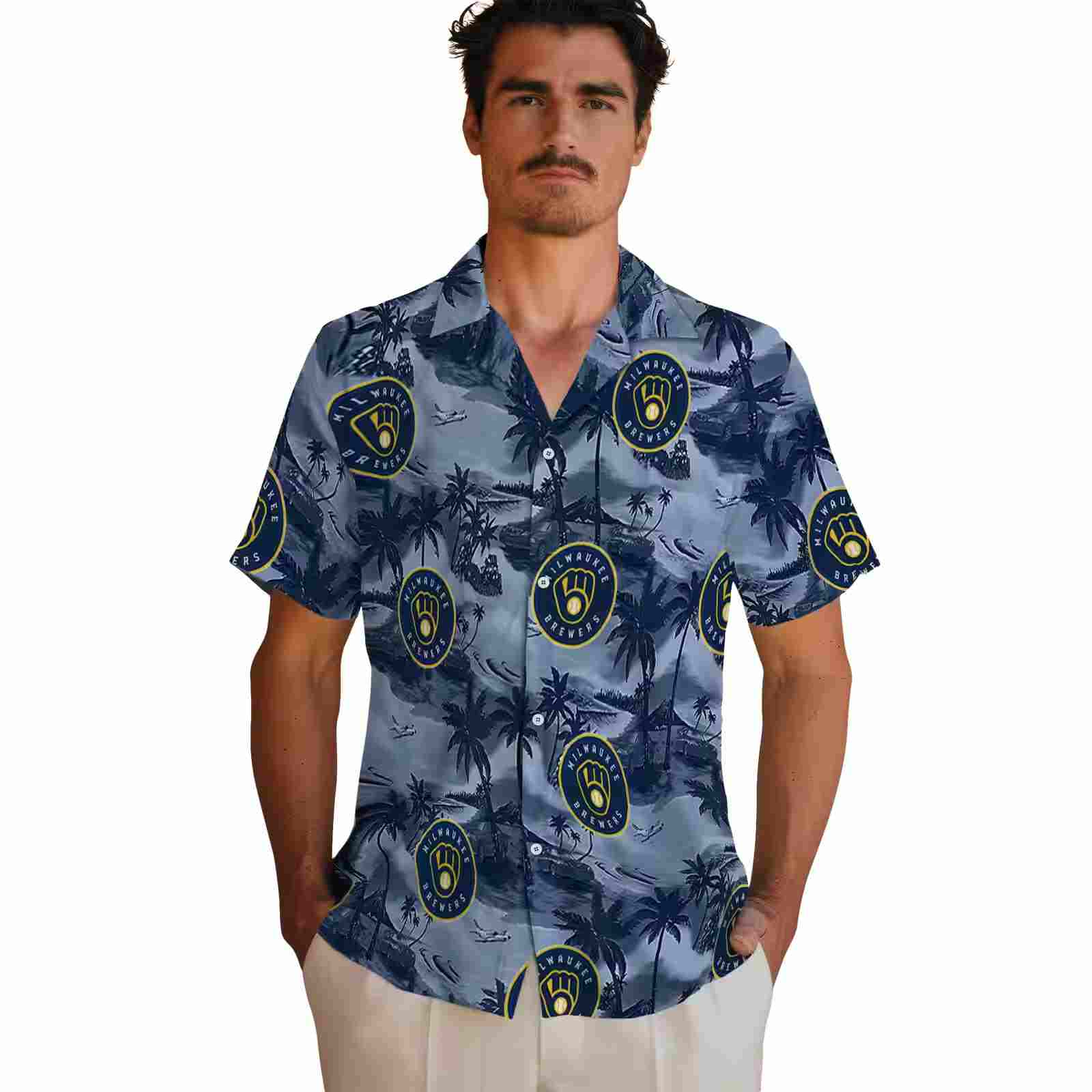 milwaukee brewers coastal palms navy blue hawaiian shirt fashion forward