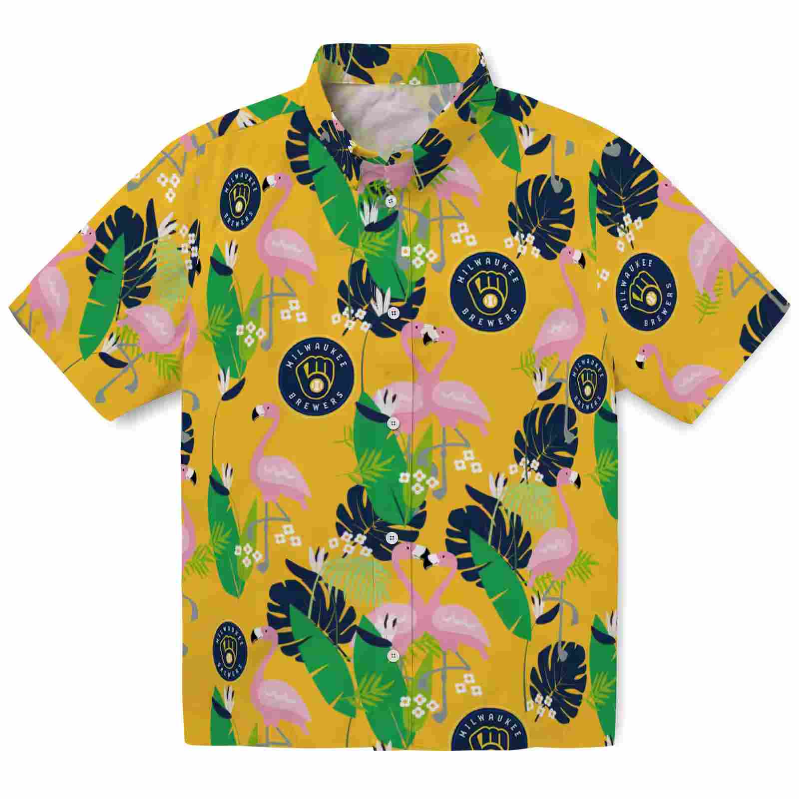 Milwaukee Brewers Flamingo Foliage Navy Blue Green Hawaiian Shirt