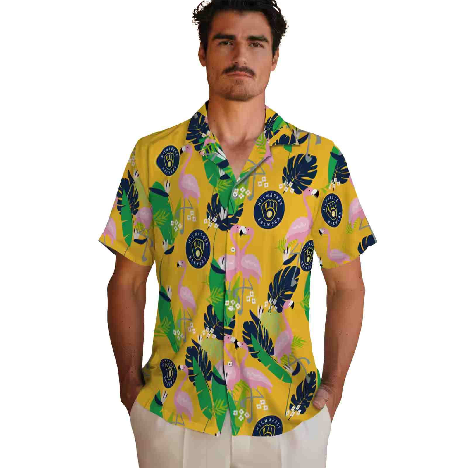 milwaukee brewers flamingo foliage navy blue green hawaiian shirt fashion forward