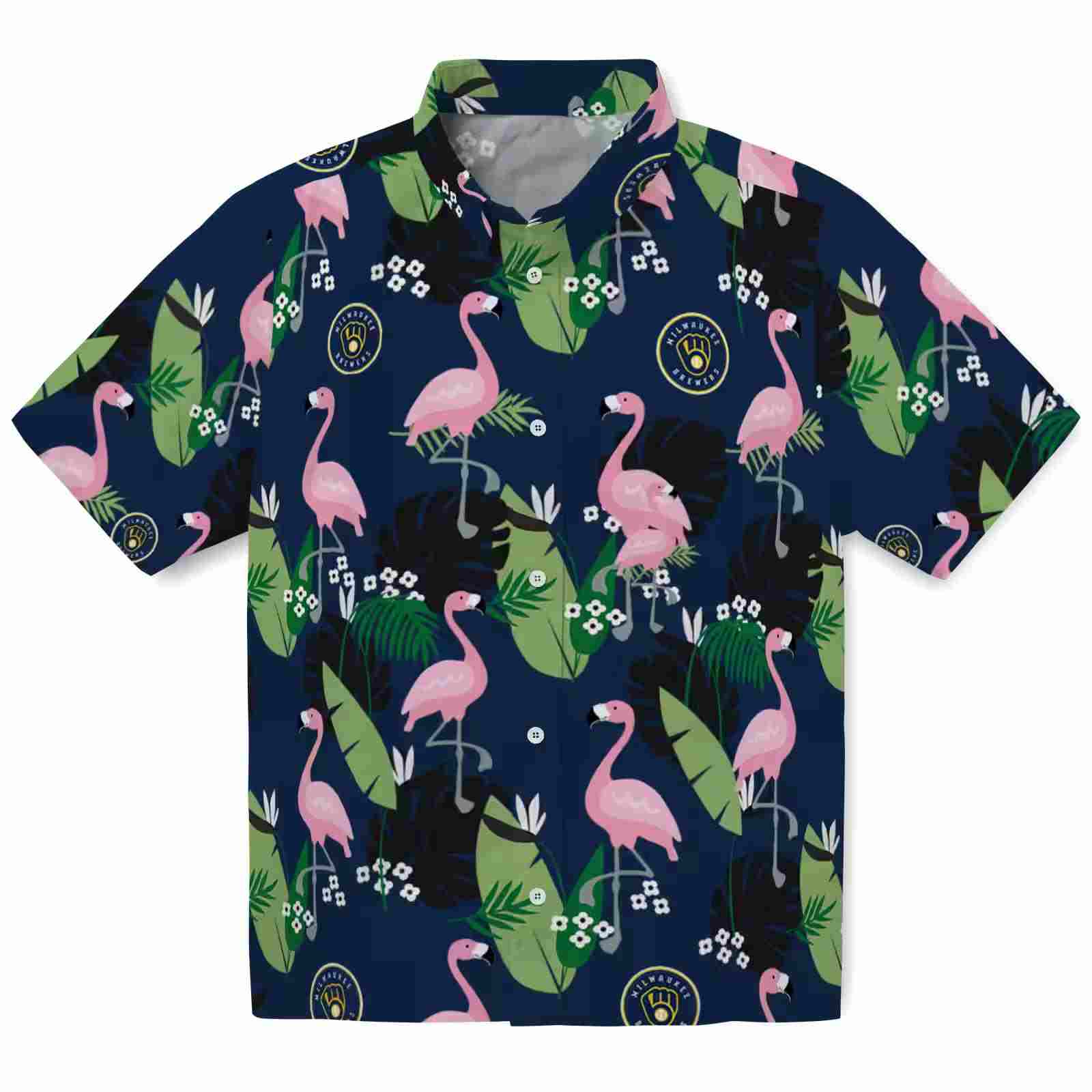 Milwaukee Brewers Flamingo Leaf Motif Navy Blue Hawaiian Shirt