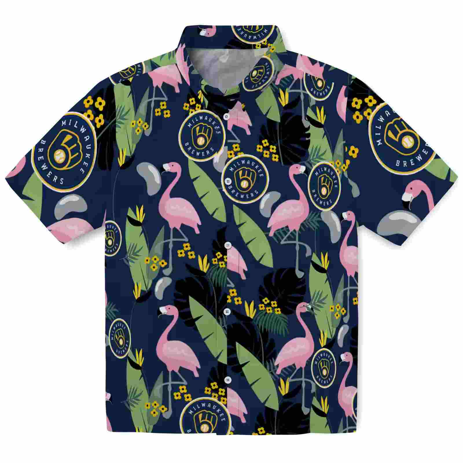 Milwaukee Brewers Flamingo Leaves Navy Blue Hawaiian Shirt