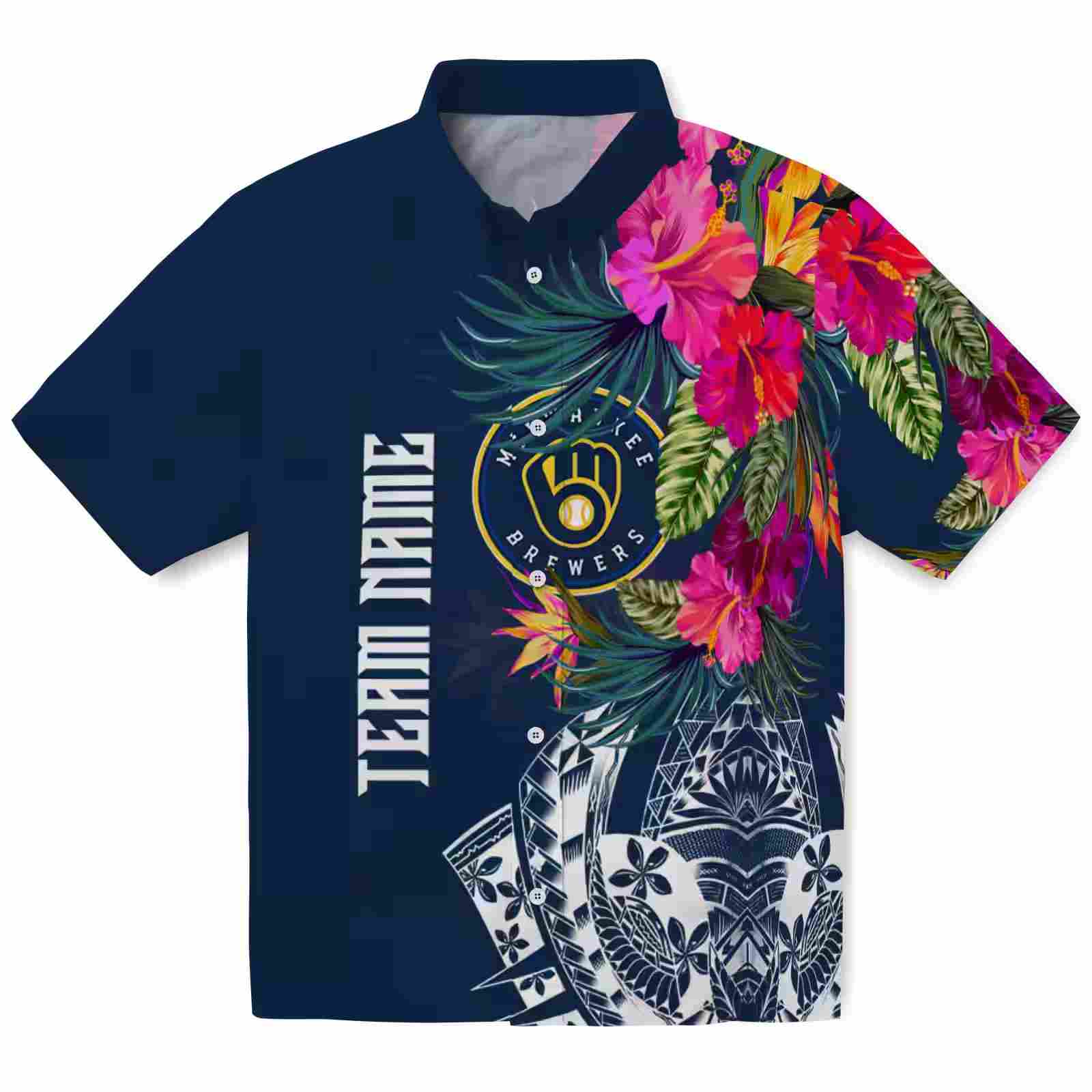 Milwaukee Brewers Floral Polynesian Navy Blue Hawaiian Shirt